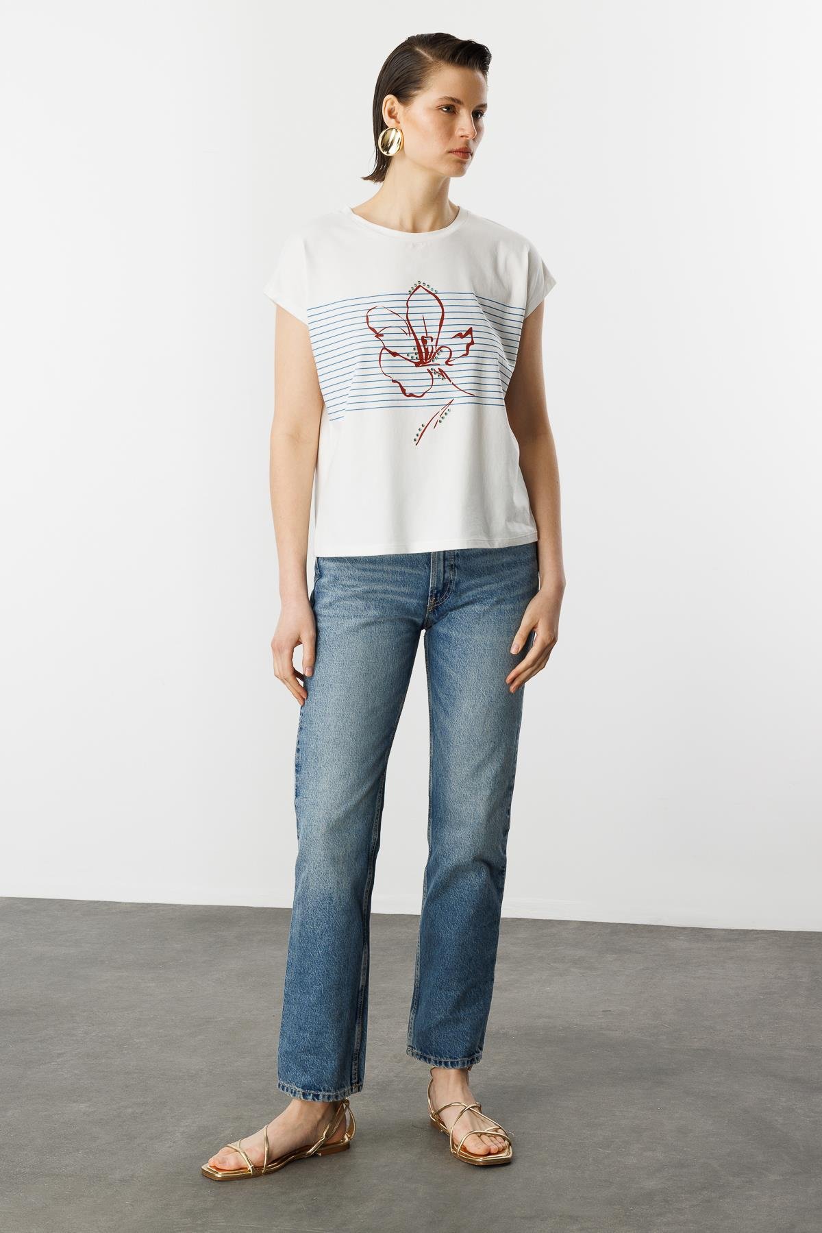 Çizgili Çiçek Desen Pamuklu Bluz-MAVİ