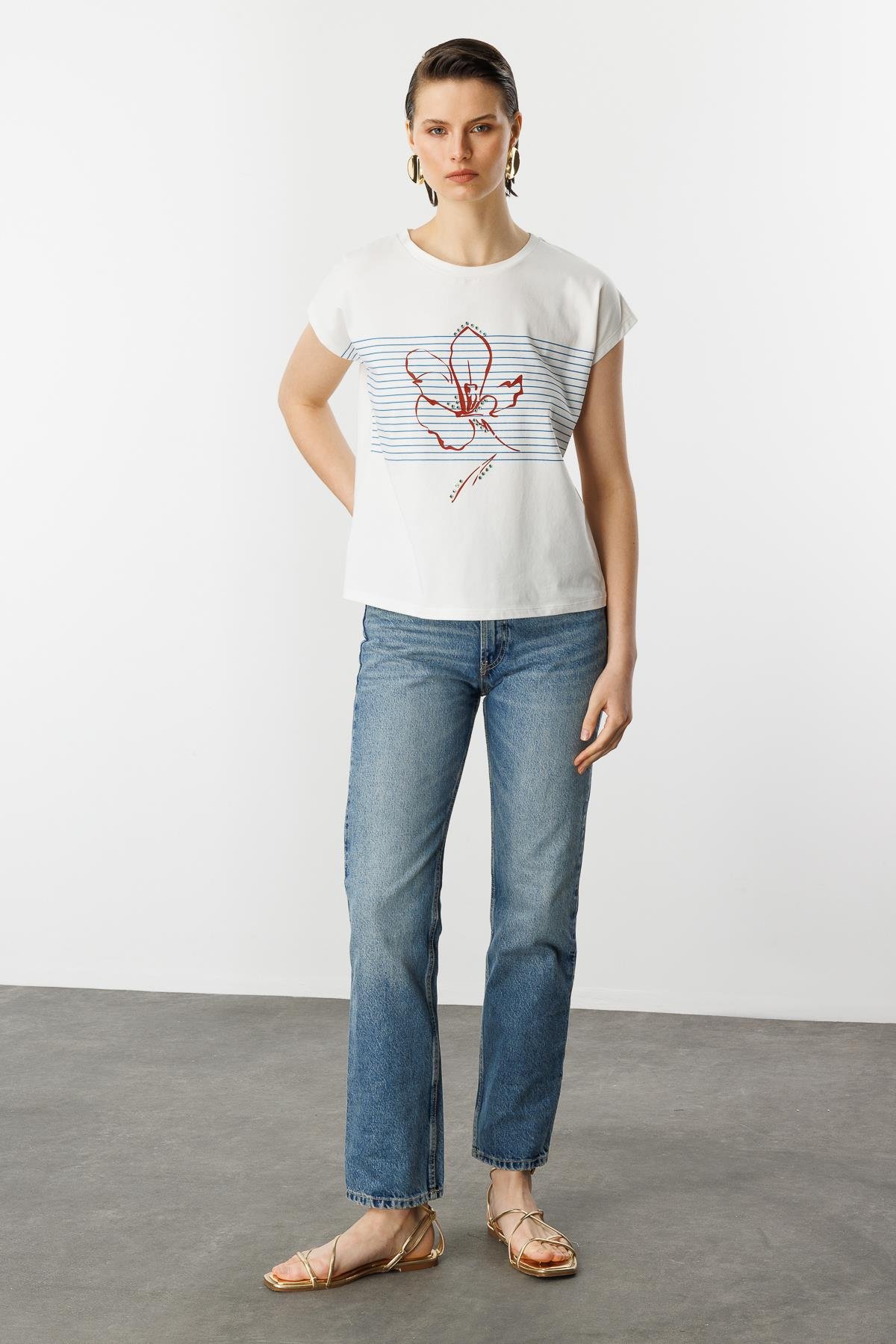 Çizgili Çiçek Desen Pamuklu Bluz-MAVİ