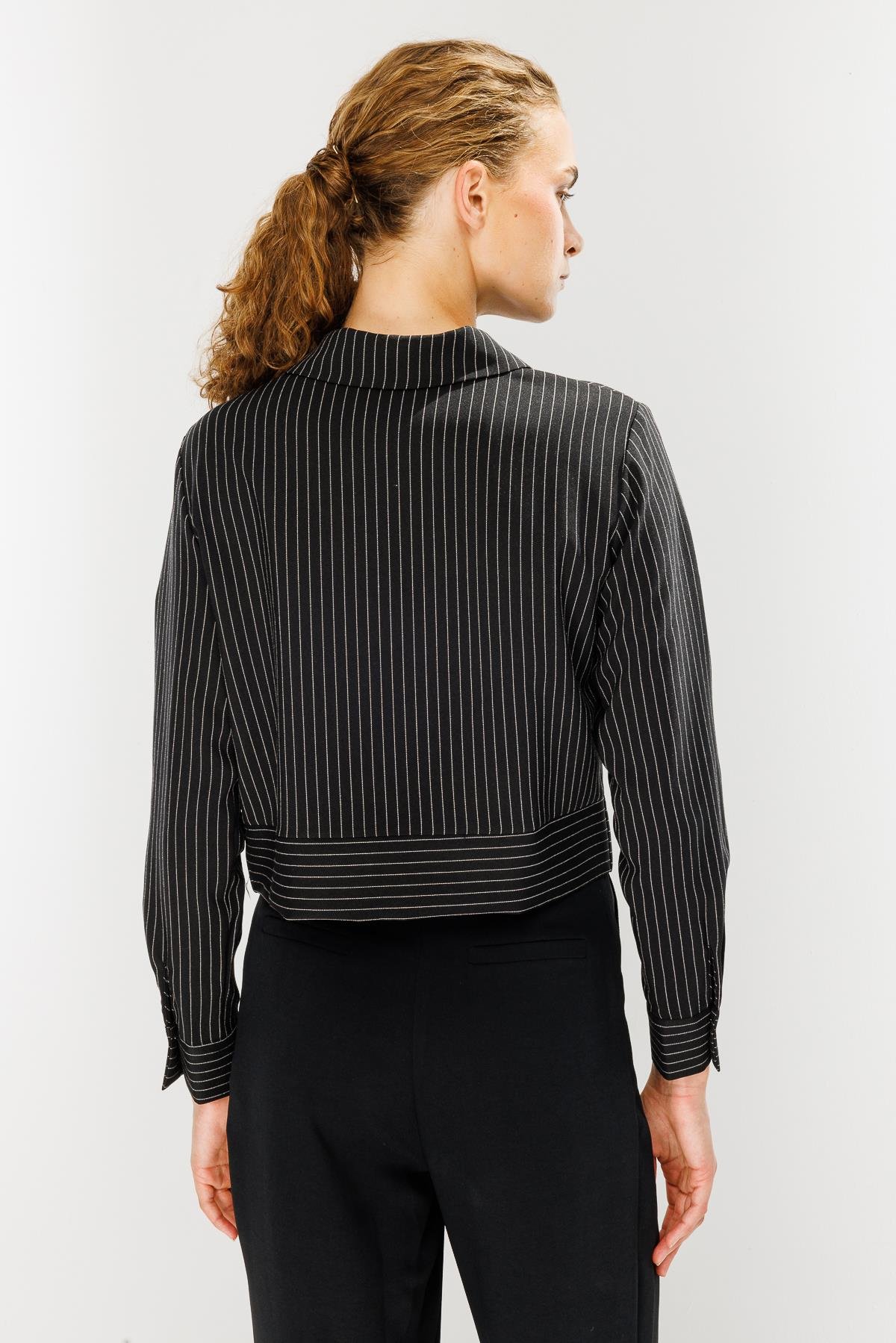 Çizgili Fermuarlı Kısa Bluz - SİYAH