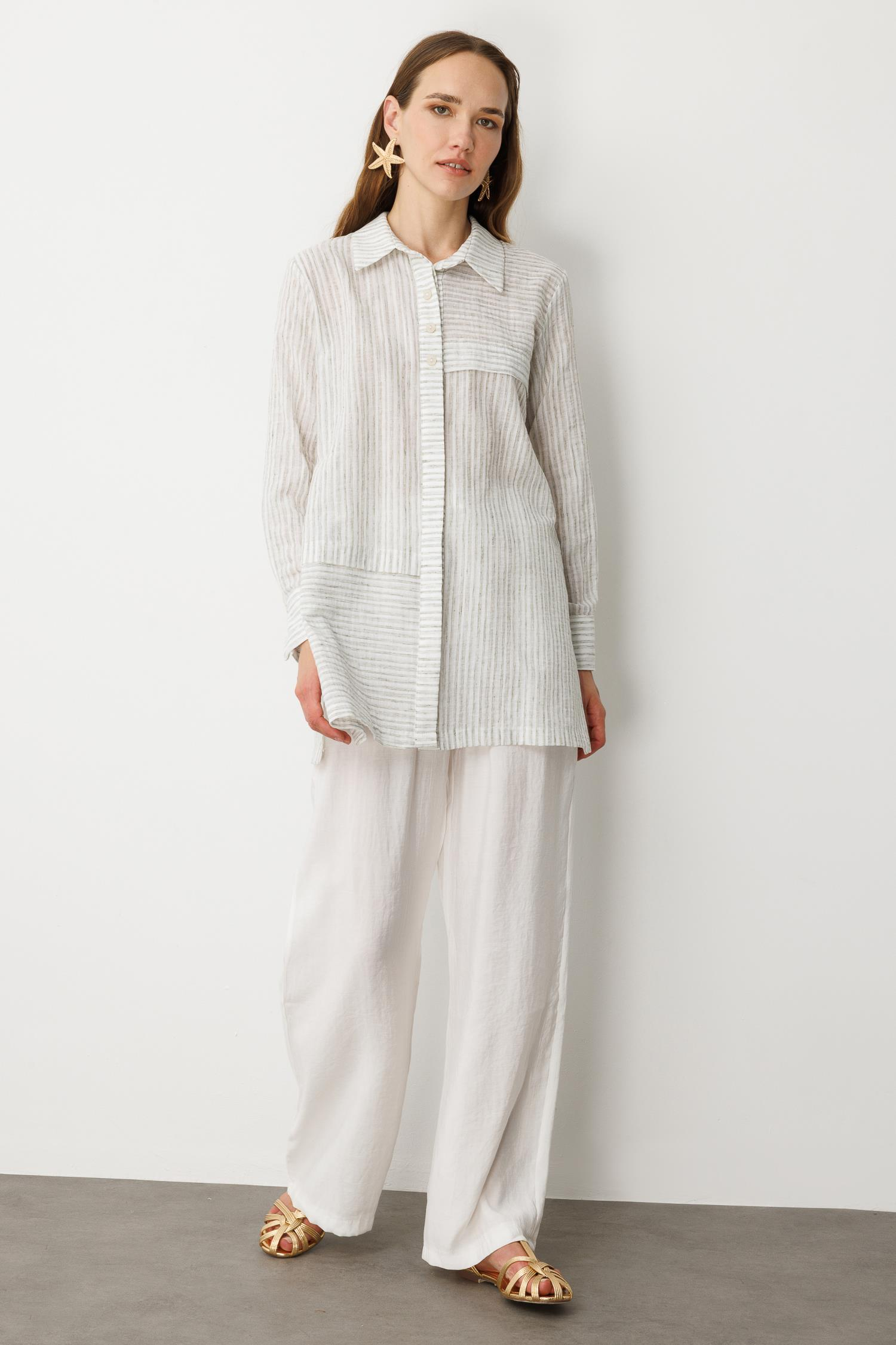 Çizgili Pamuk Keten Gömlek-MINT