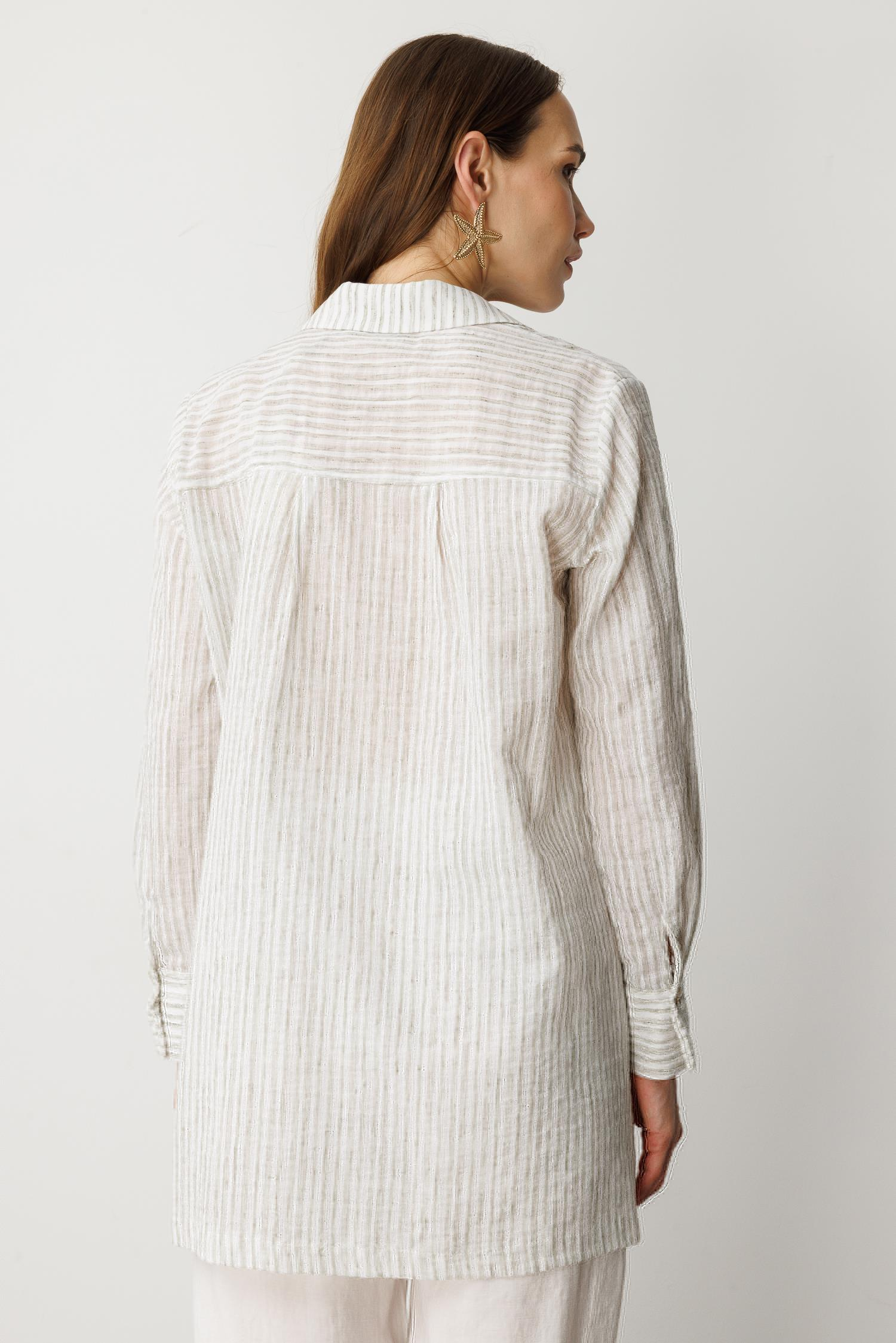 Çizgili Pamuk Keten Gömlek-MINT