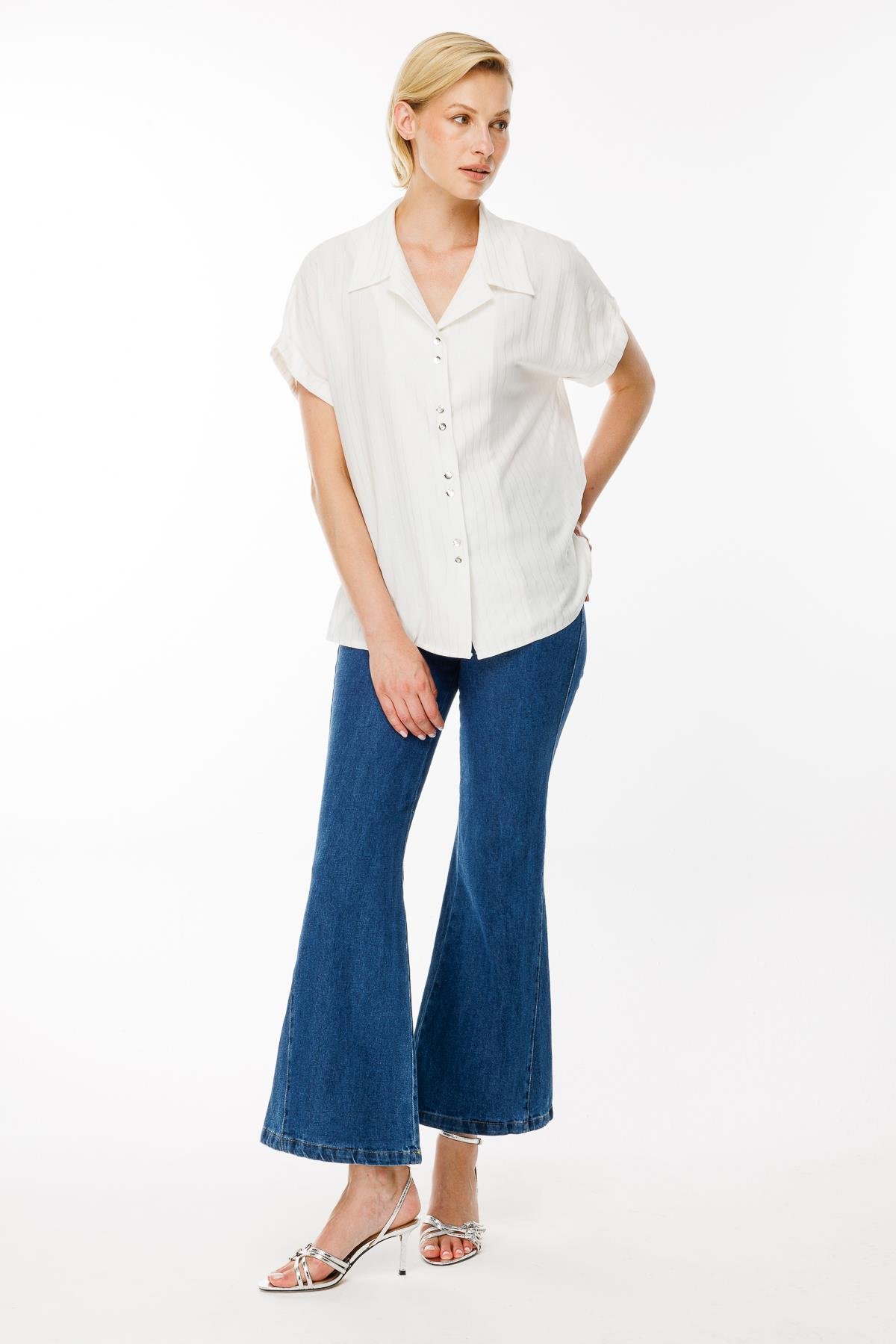 Çizgili ve Sim Detaylı Kısa Kollu Gömlek - KEMIK