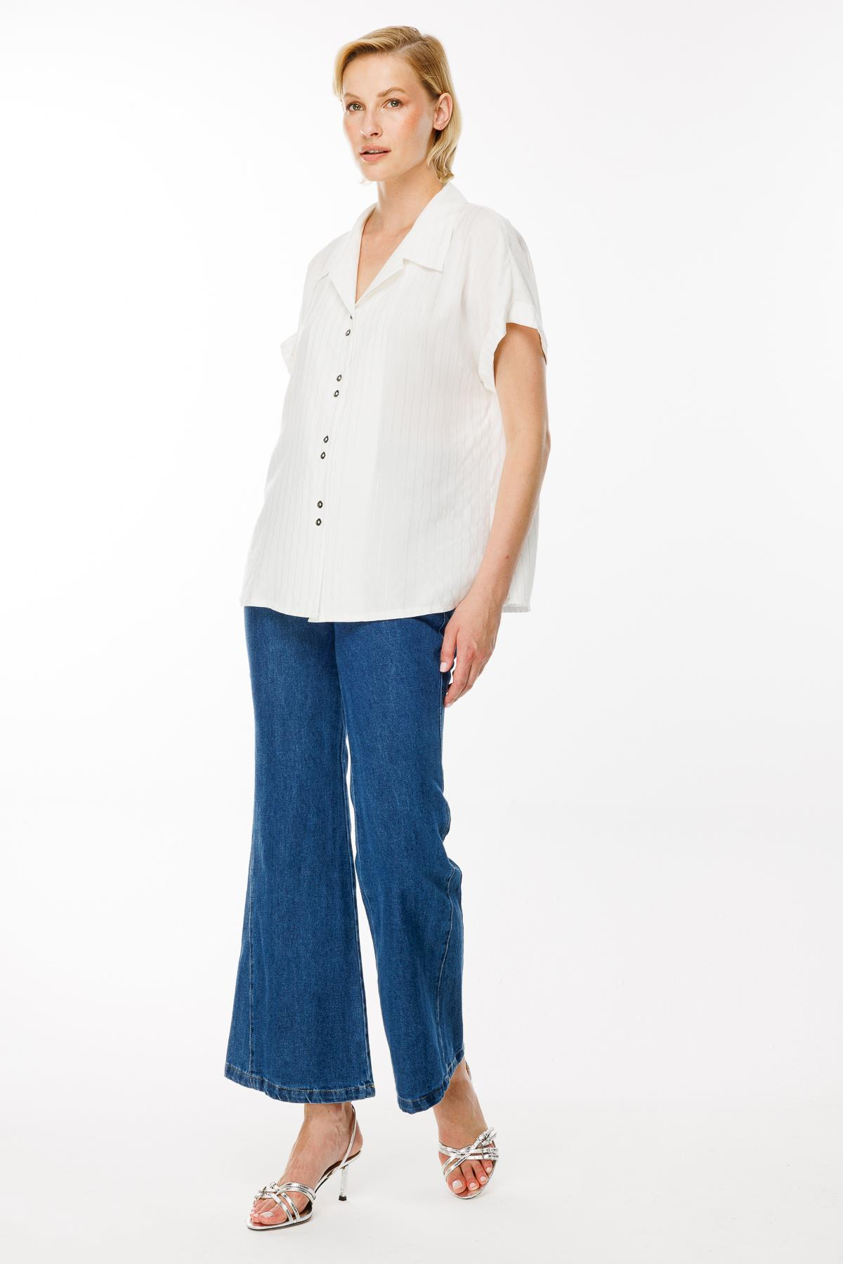 Çizgili ve Sim Detaylı Kısa Kollu Gömlek - KEMIK