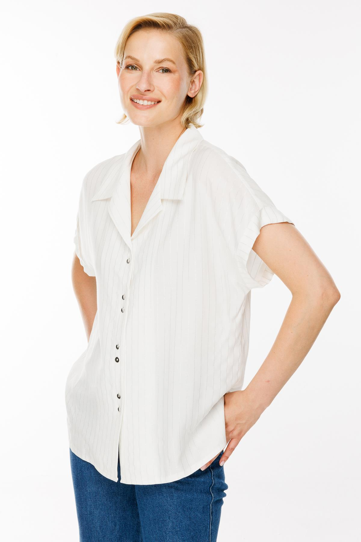 Çizgili ve Sim Detaylı Kısa Kollu Gömlek - KEMIK