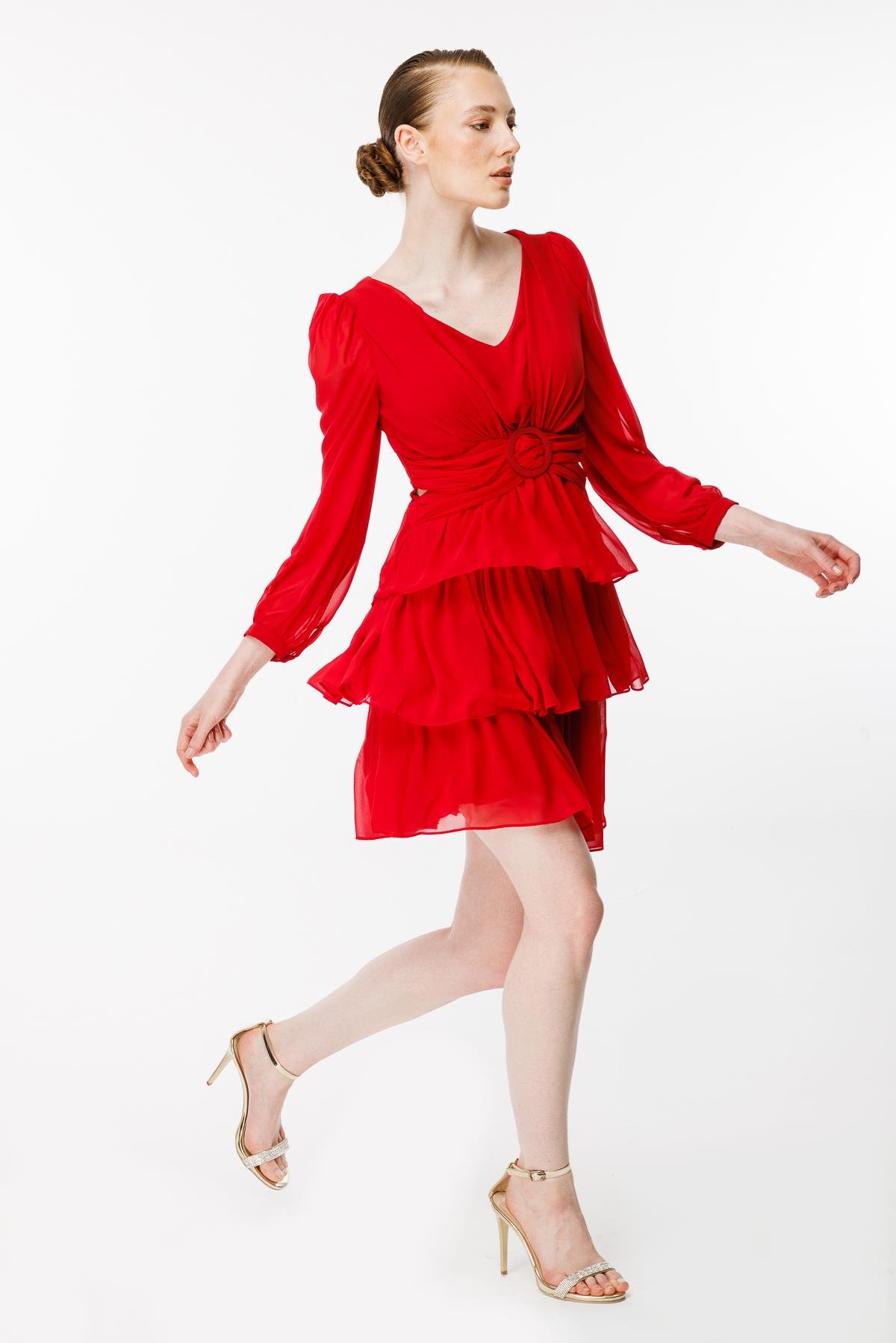 Cut Out Detaylı Kat Kat Kısa Abiye Elbise - KIRMIZI