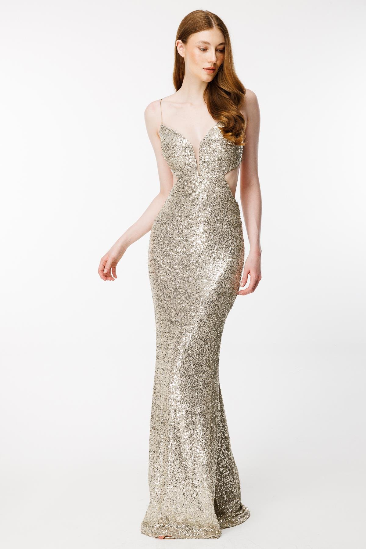 Cut Out Detaylı Payet Abiye - GOLD