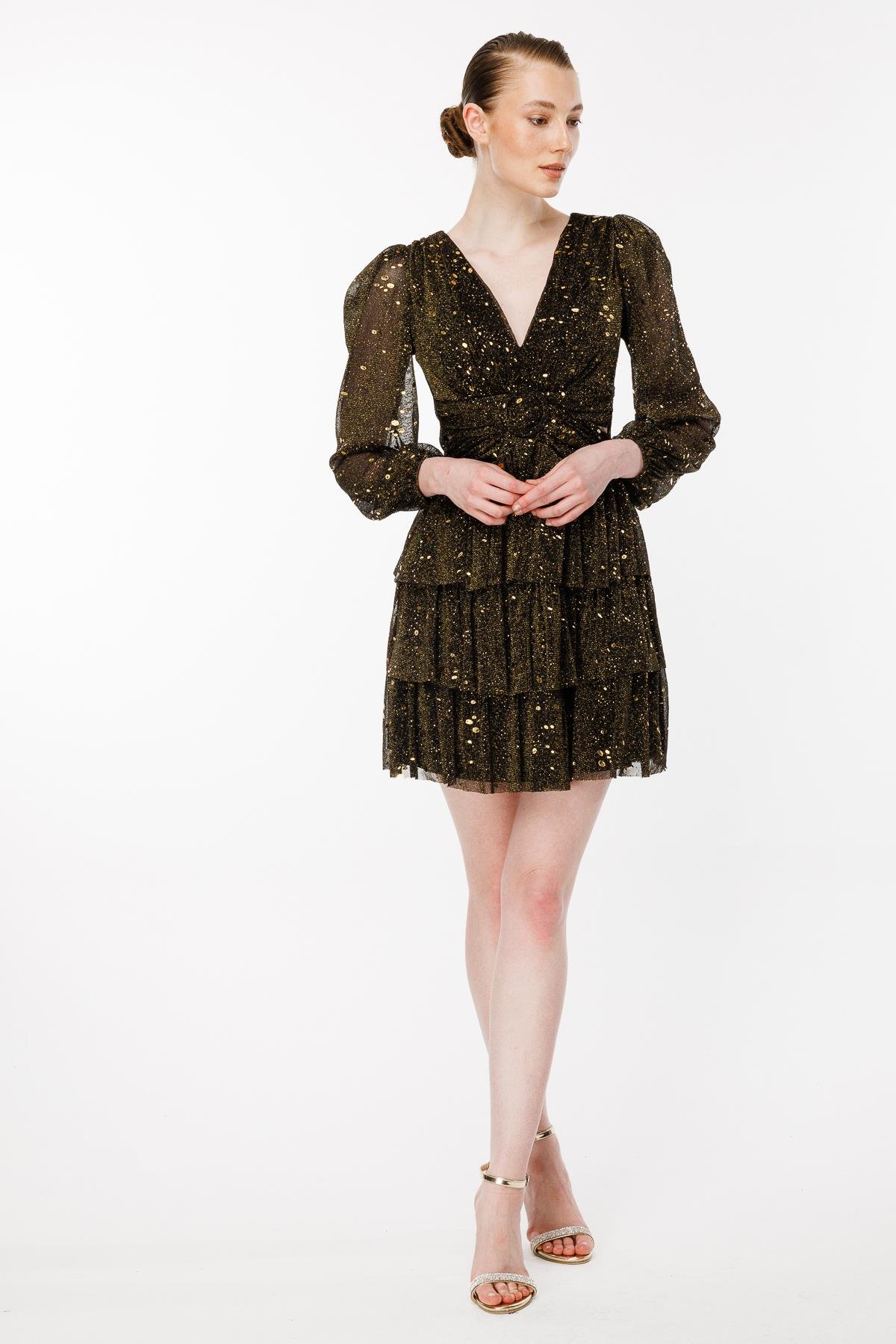 Cut Out Detaylı Renk Geçişli Arkası İpli Abiye Elbise - SİYAH