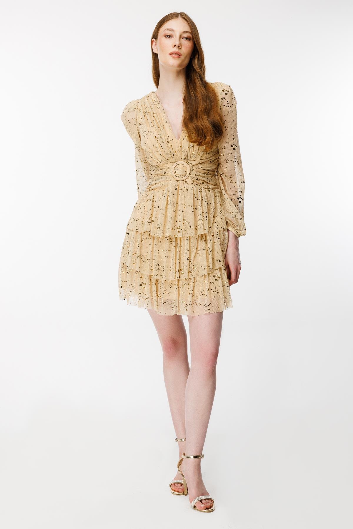 Cut Out Detaylı Renk Geçişli Arkası İpli Abiye Elbise - GOLD