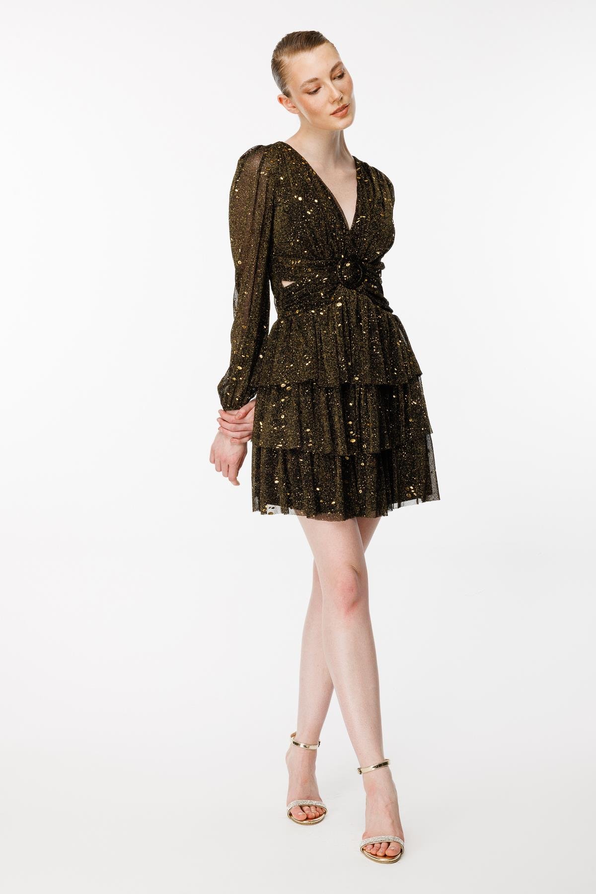 Cut Out Detaylı Renk Geçişli Arkası İpli Abiye Elbise - SİYAH