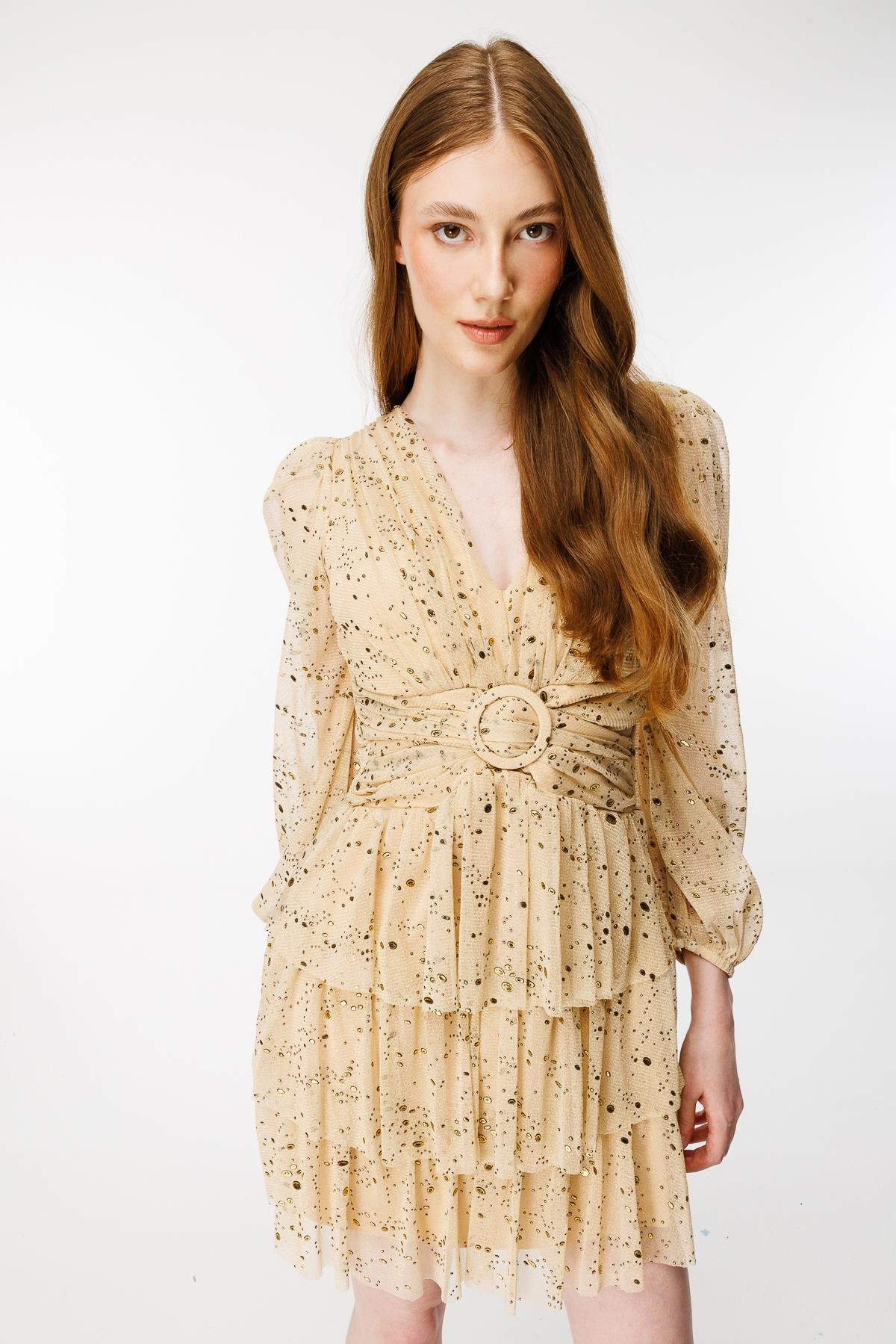 Cut Out Detaylı Renk Geçişli Arkası İpli Abiye Elbise - GOLD