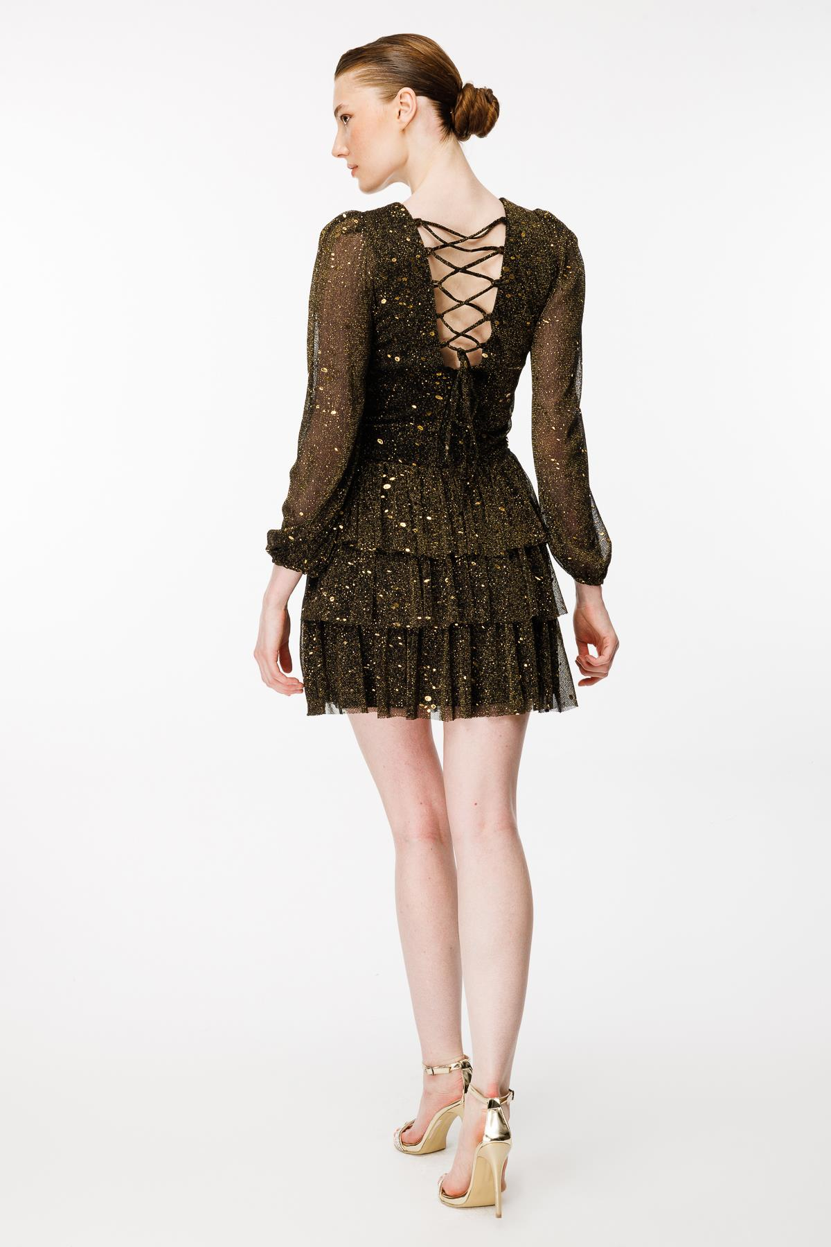 Cut Out Detaylı Renk Geçişli Arkası İpli Abiye Elbise - SİYAH