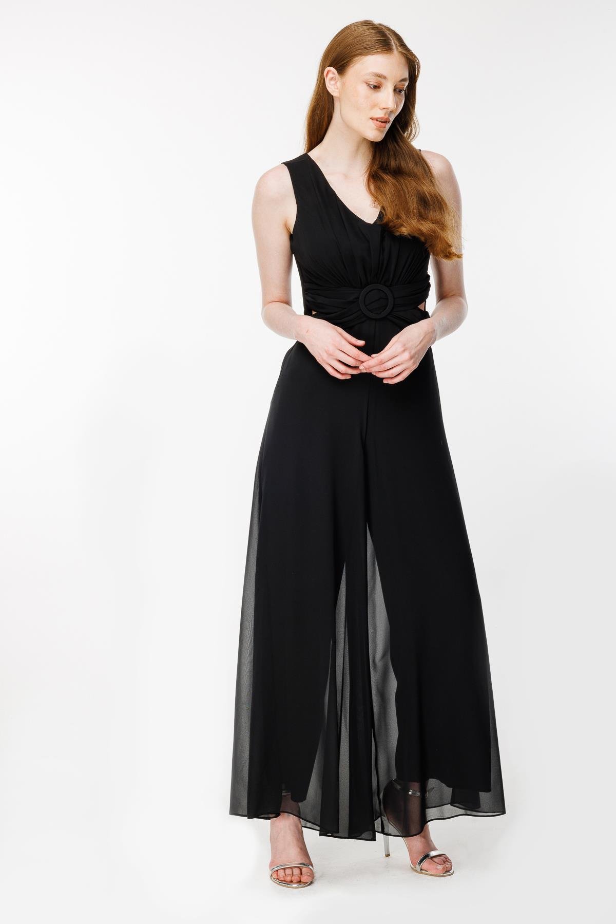 Cut Out Detaylı Tül Tulum - SİYAH