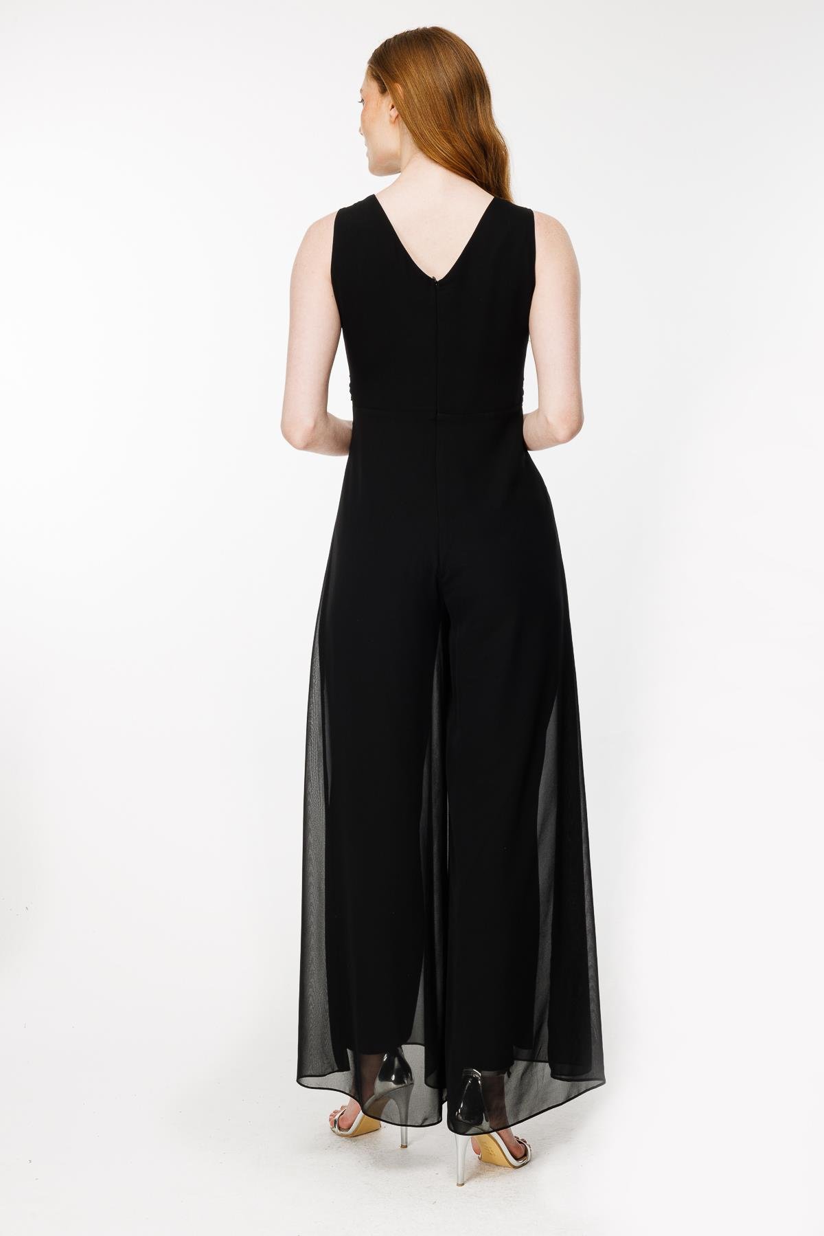 Cut Out Detaylı Tül Tulum - SİYAH