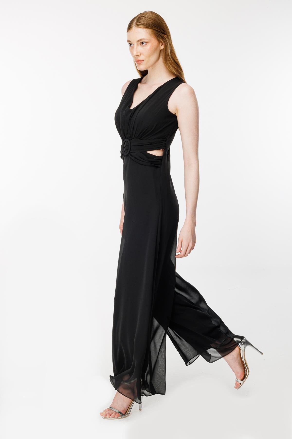 Cut Out Detaylı Tül Tulum - SİYAH