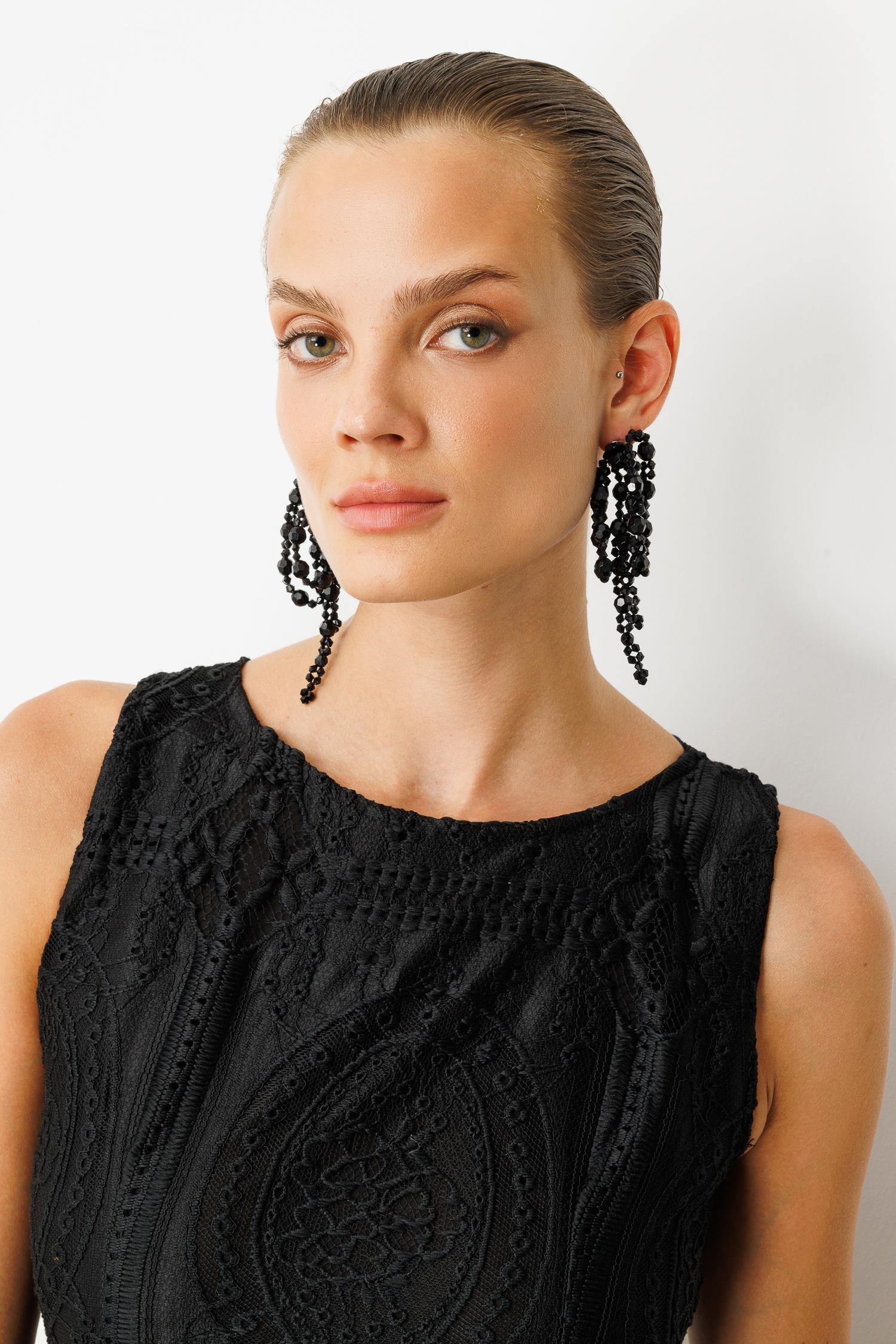 Dantel Görünümlü Uzun Elbise-SİYAH