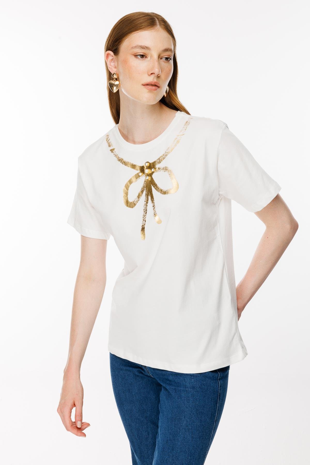 Desen Baskılı Tişört - EKRU