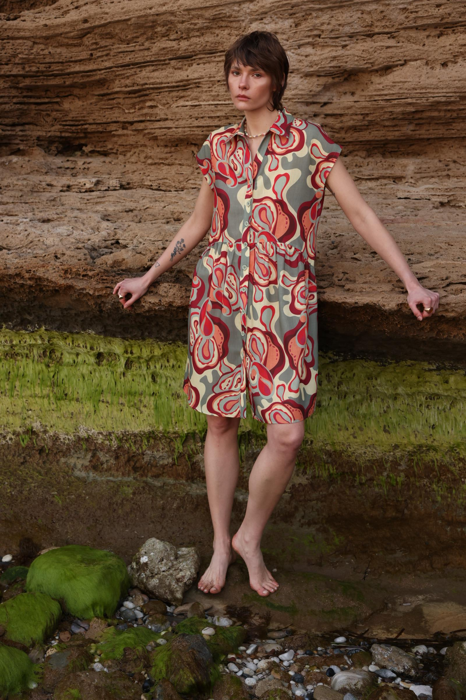 Desenli Keten Elbise-ÇAĞLA