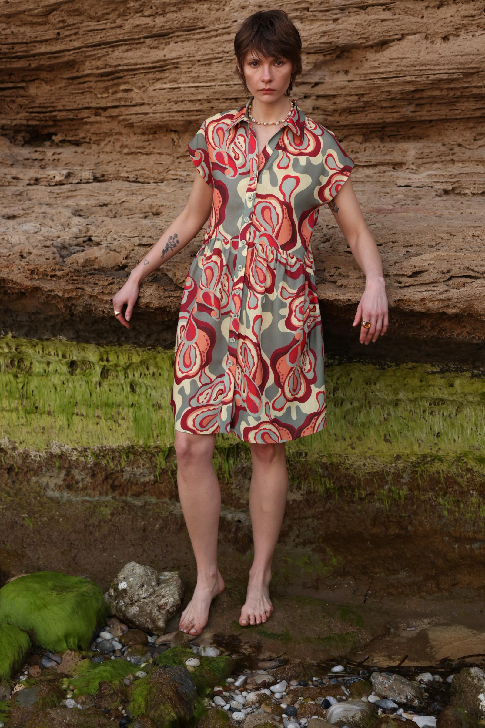 Desenli Keten Elbise-ÇAĞLA