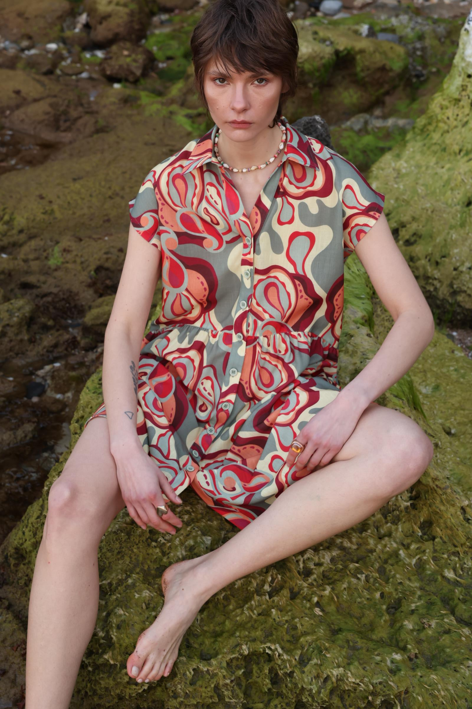 Desenli Keten Elbise-ÇAĞLA