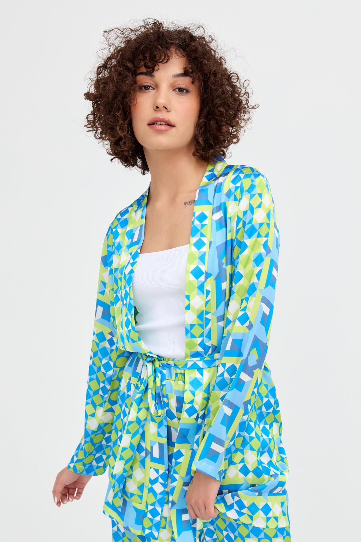 Desenli Kuşaklı Mini Saten Kimono - MAVİ