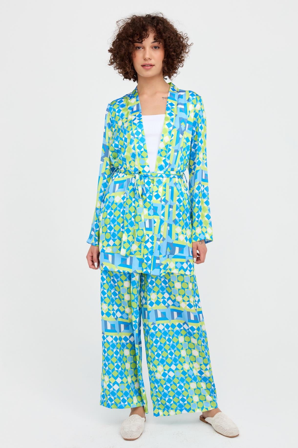 Desenli Kuşaklı Mini Saten Kimono - MAVİ
