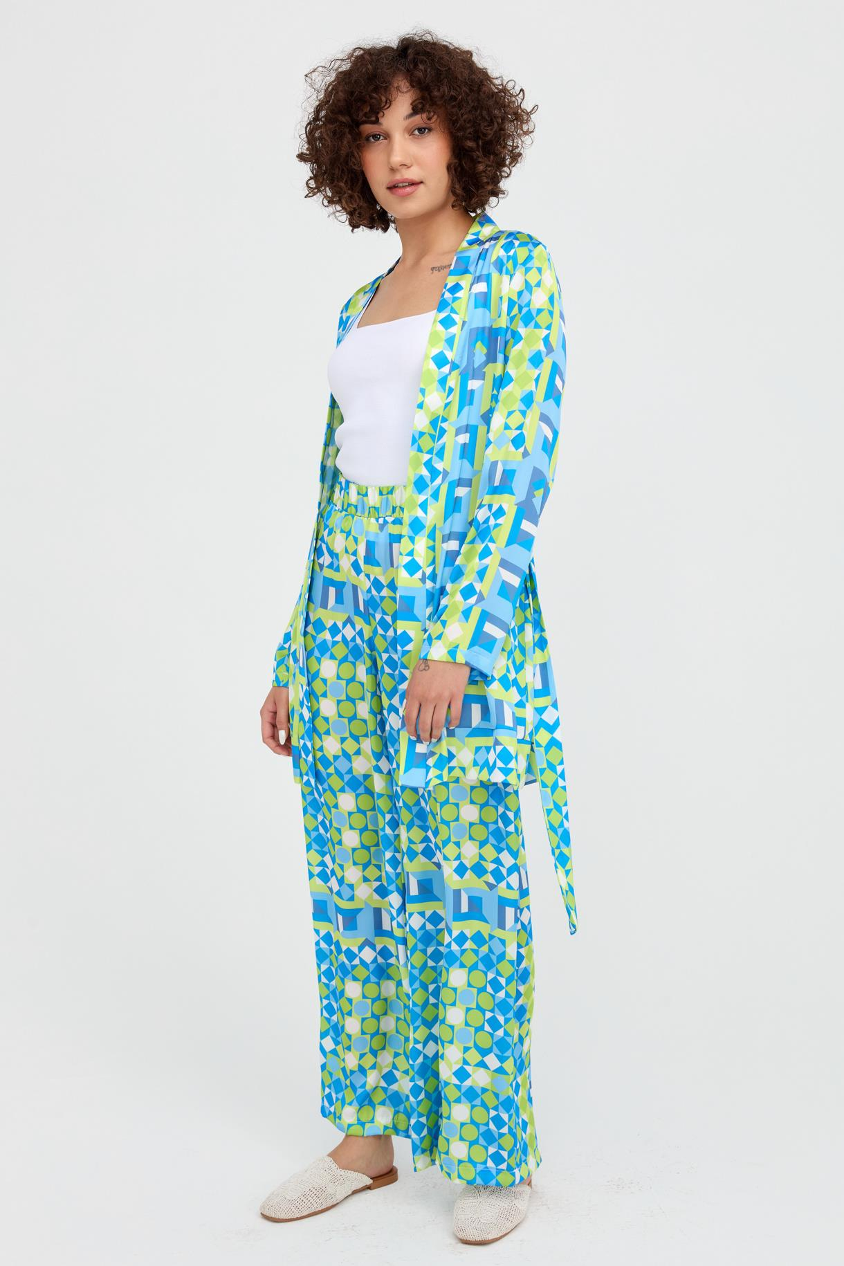 Desenli Kuşaklı Mini Saten Kimono - MAVİ