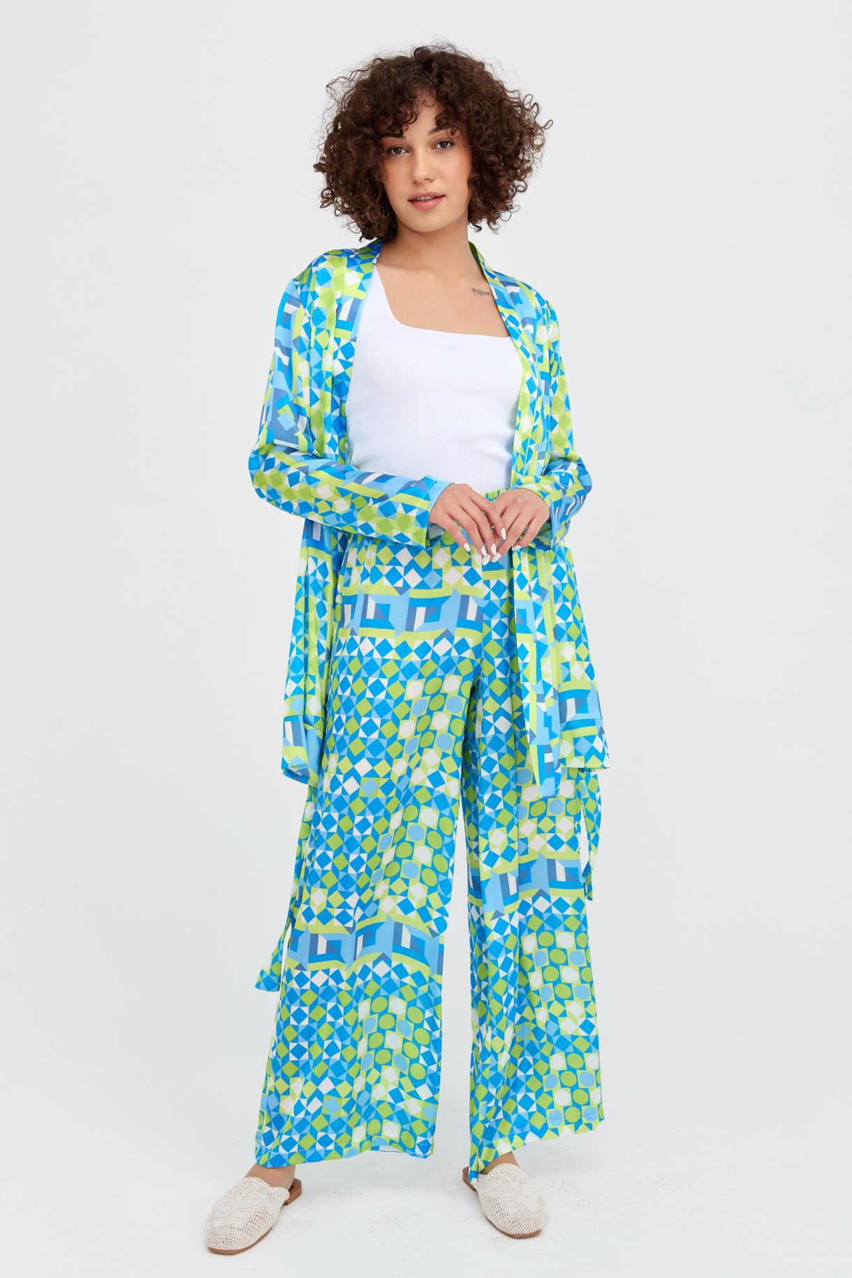 Desenli Kuşaklı Mini Saten Kimono - MAVİ
