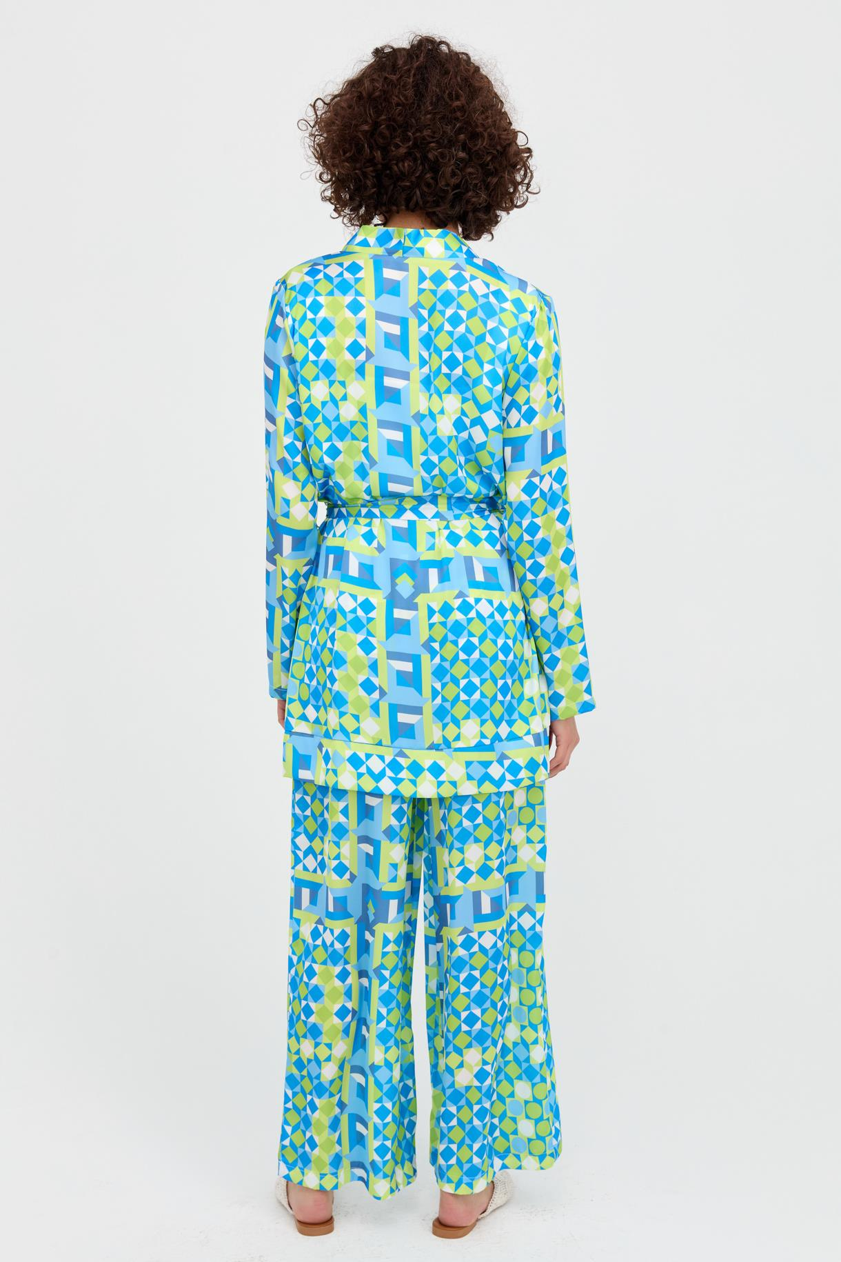 Desenli Kuşaklı Mini Saten Kimono - MAVİ