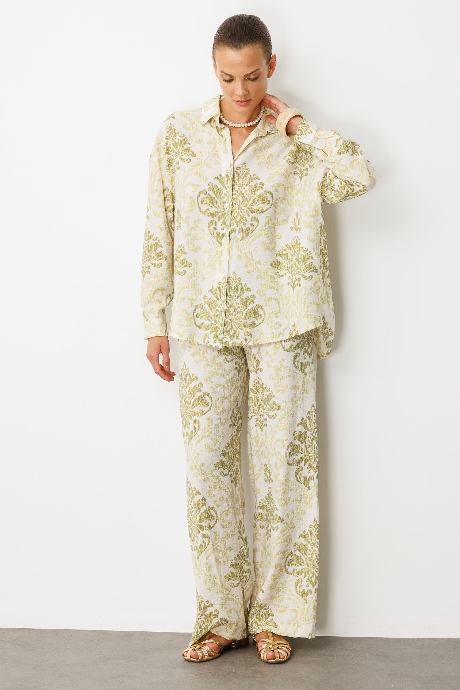 Desenli Oversize Gömlek-YEŞİL