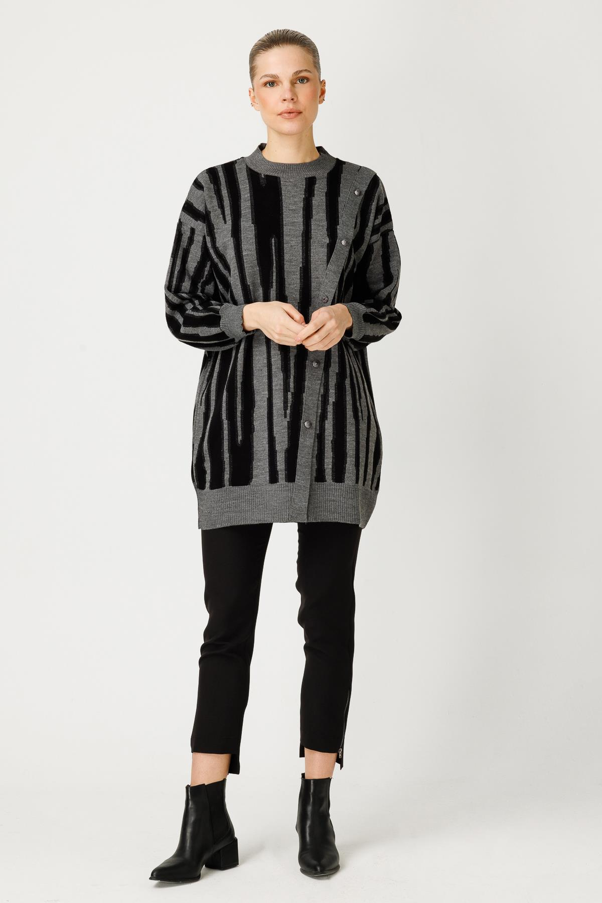 Desenli Simli Triko Tunik - GRİ