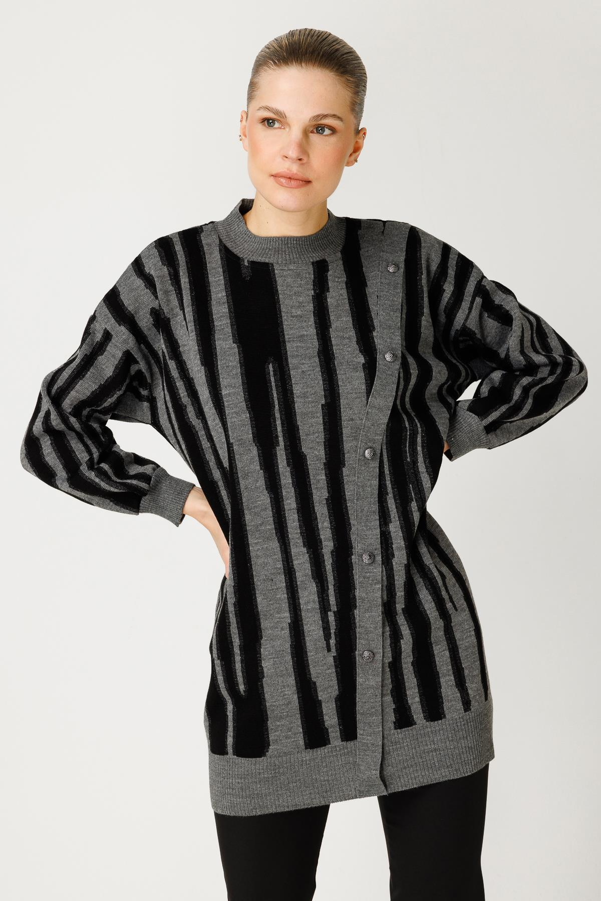 Desenli Simli Triko Tunik - GRİ
