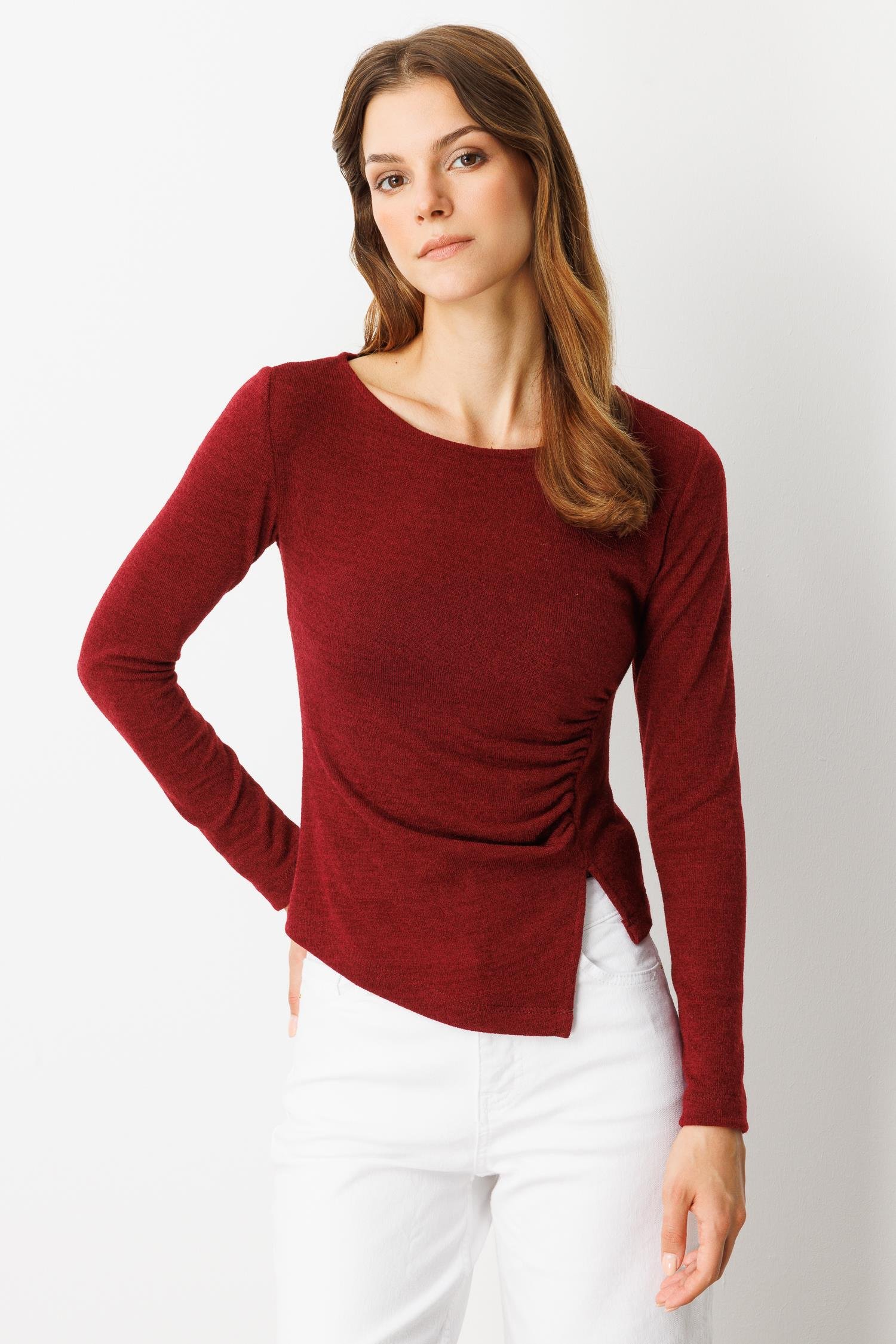 Drape Detaylı Dokuma Bluz-BORDO