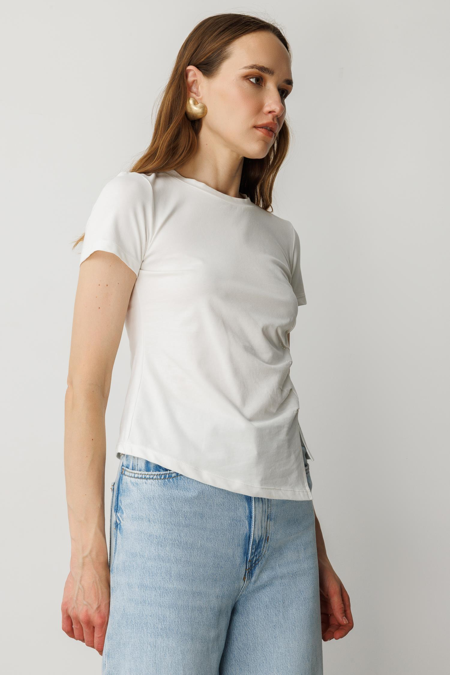 Drape Detaylı Taşlı Tişört-KEMIK