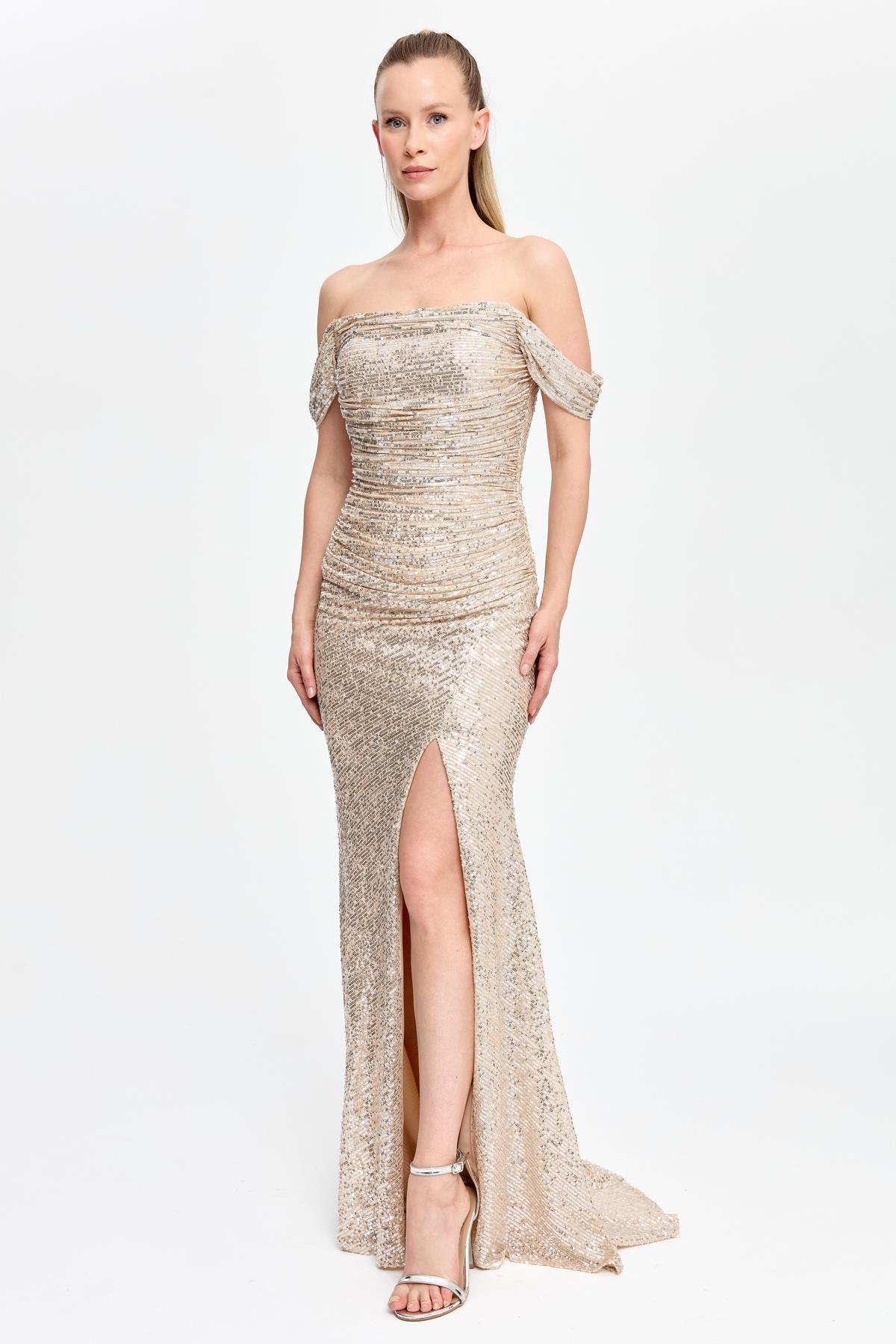 Drape ve Payet Detaylı Uzun Abiye - GOLD