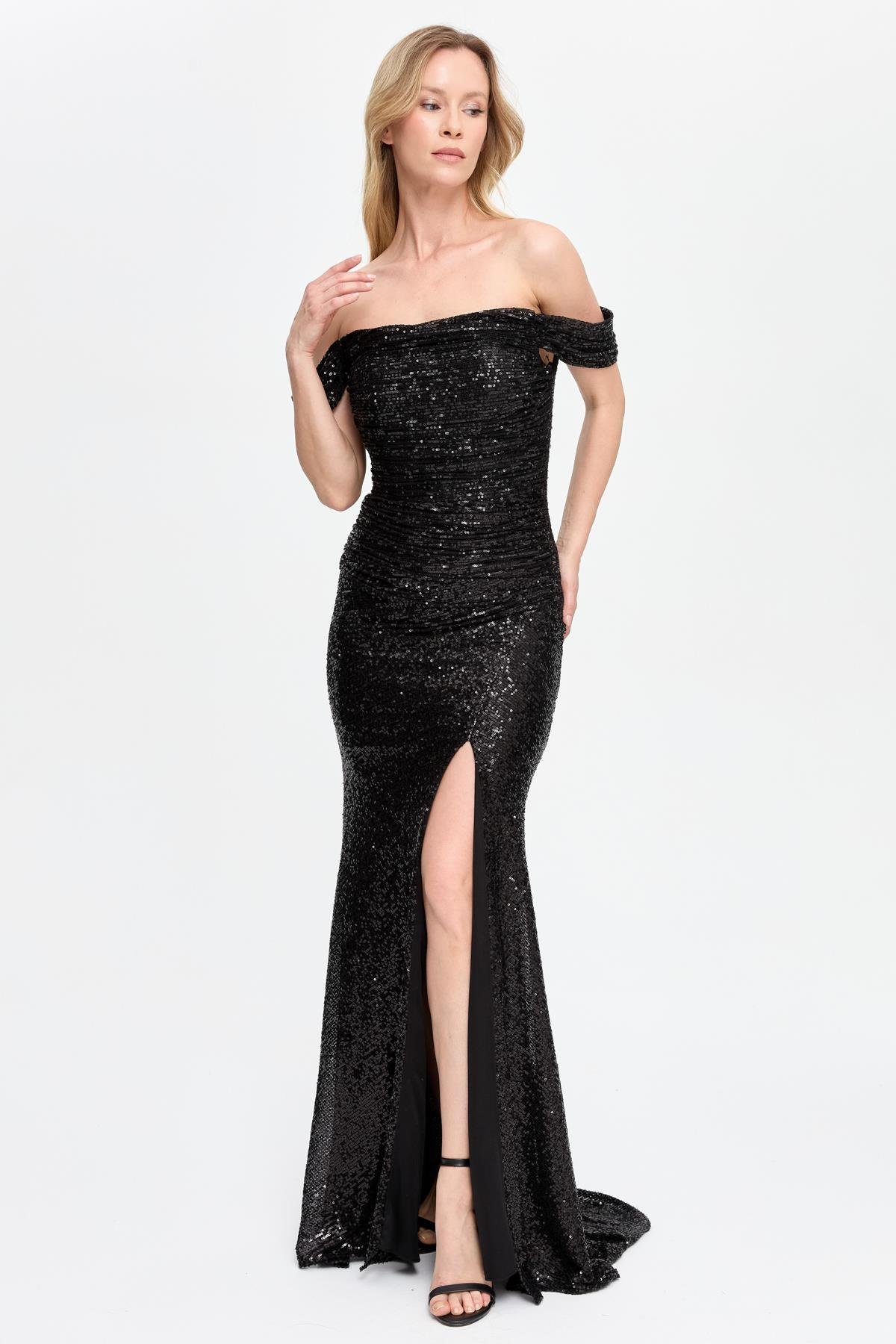 Drape ve Payet Detaylı Uzun Abiye - SİYAH