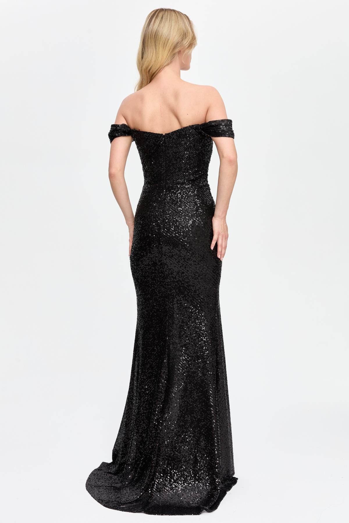 Drape ve Payet Detaylı Uzun Abiye - SİYAH