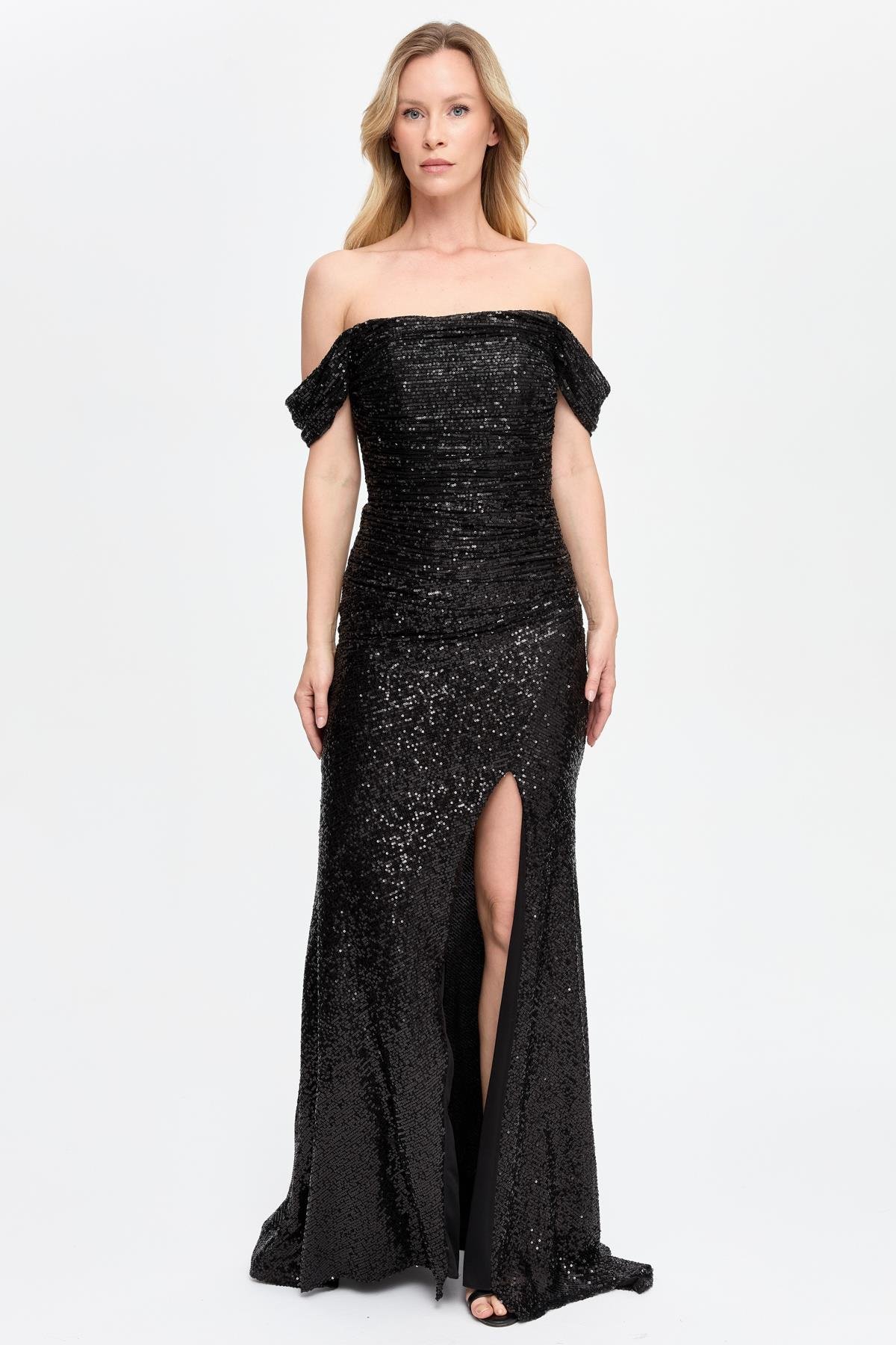 Drape ve Payet Detaylı Uzun Abiye - SİYAH