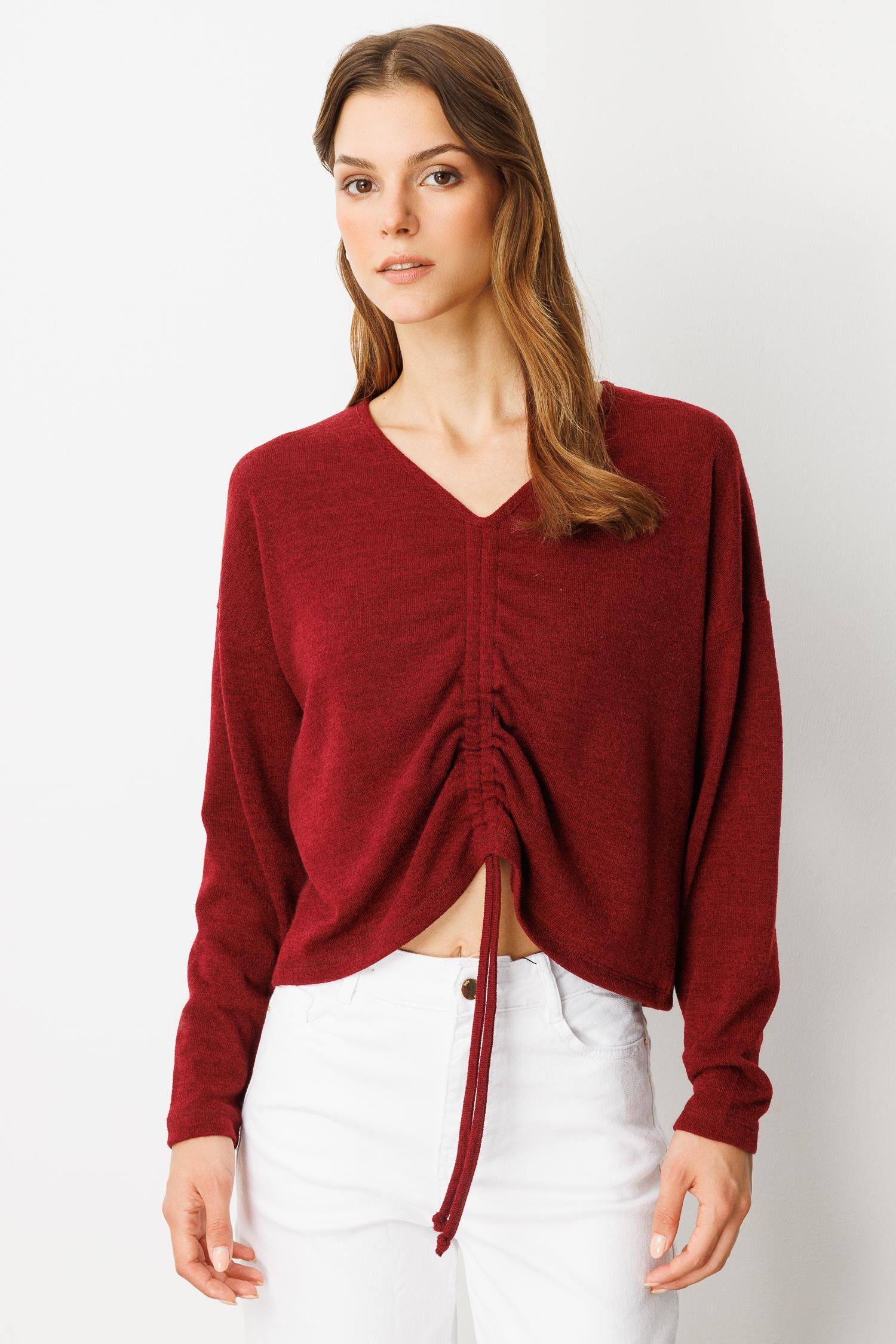 Drapeli V Yaka Dokuma Bluz-BORDO