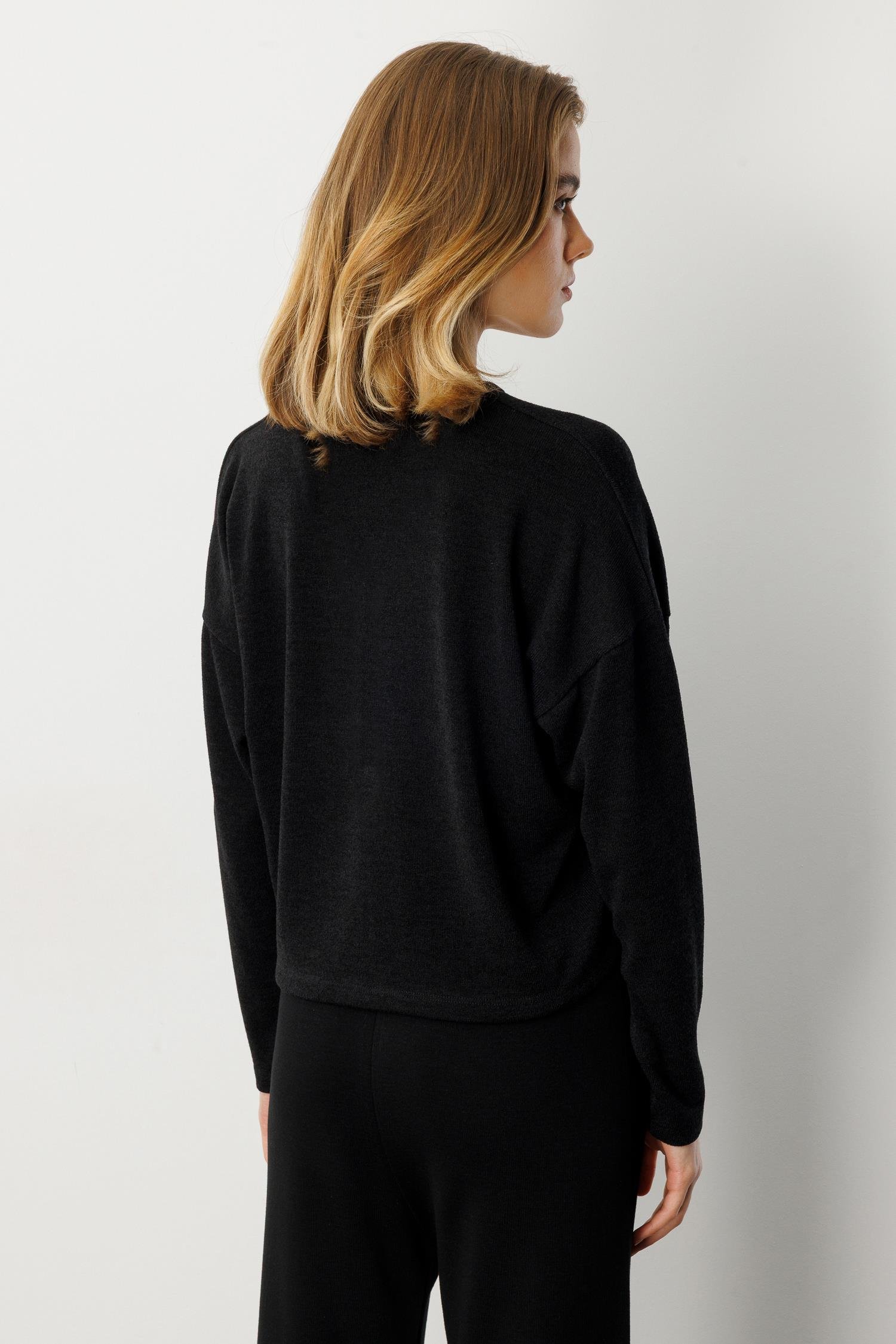 Drapeli V Yaka Dokuma Bluz-SİYAH