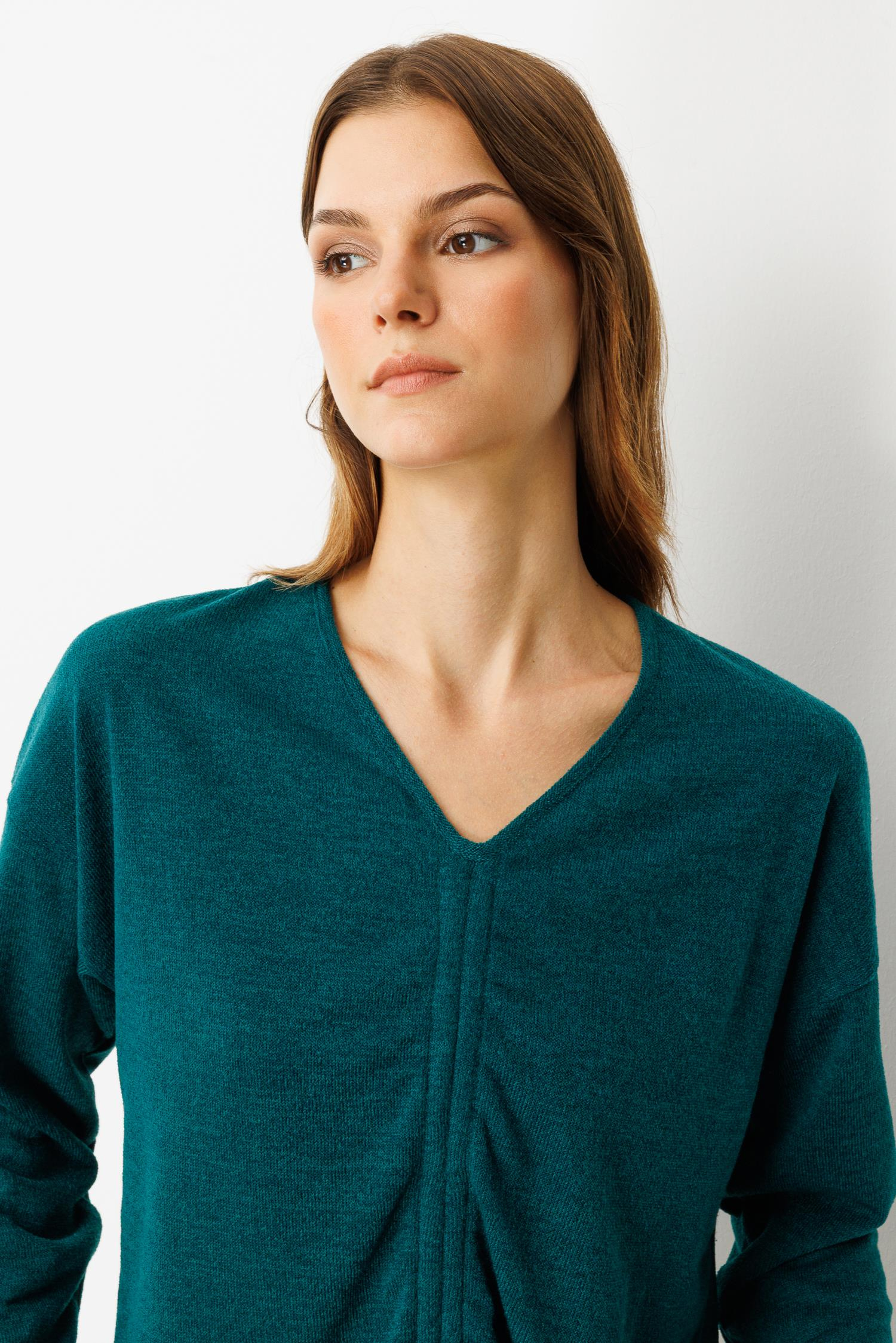 Drapeli V Yaka Dokuma Bluz-YEŞİL