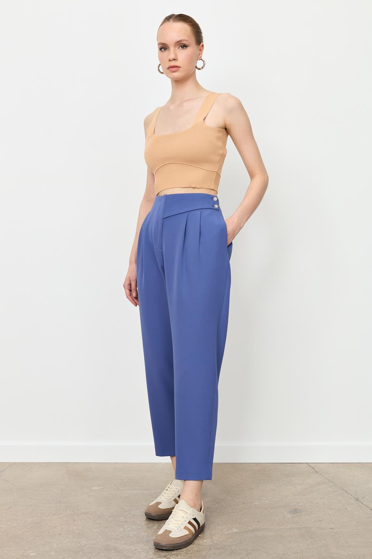Düğme Deatylı Yüksek Bel Pantolon-İNDİGO