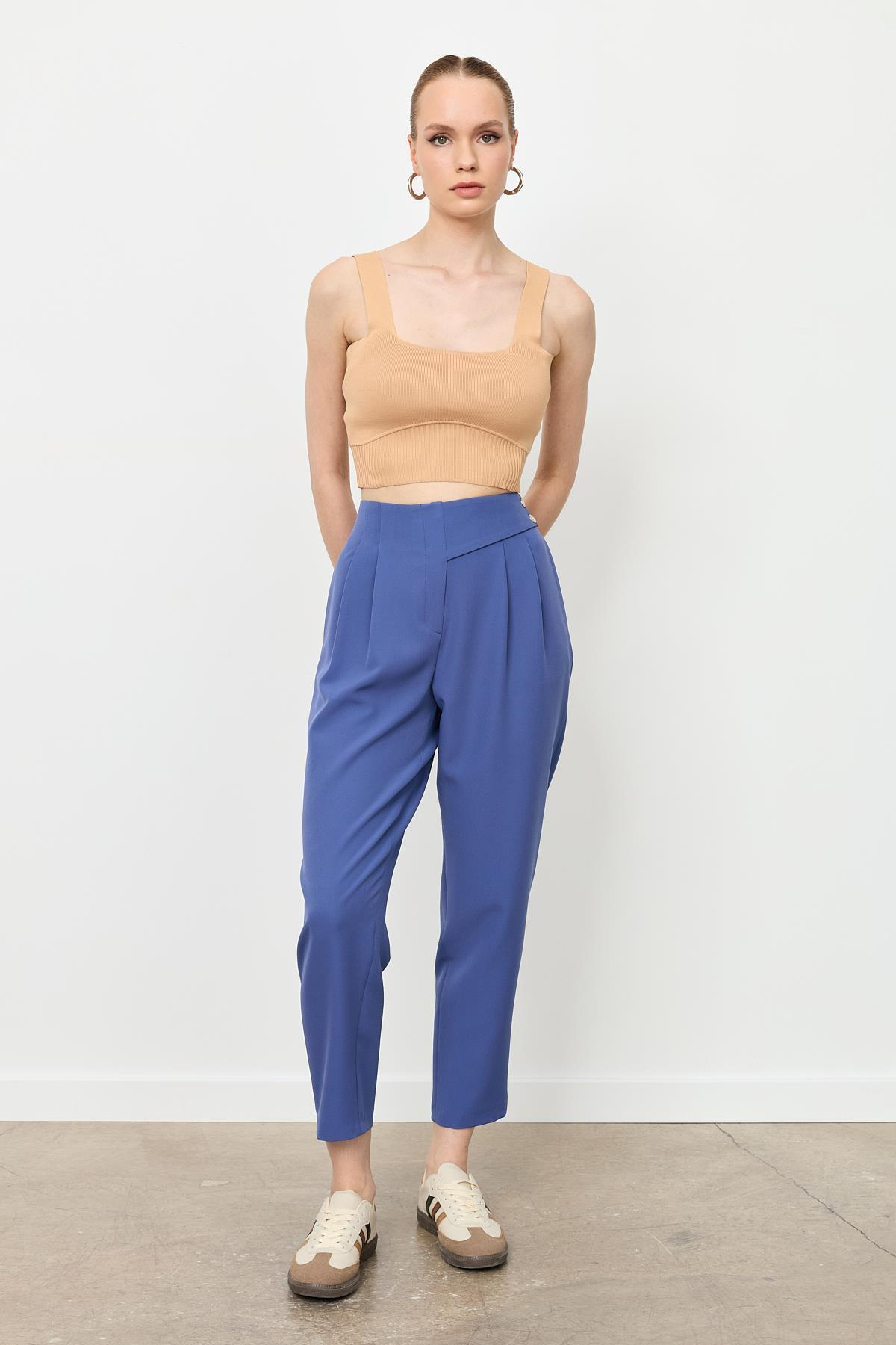 Düğme Deatylı Yüksek Bel Pantolon-İNDİGO