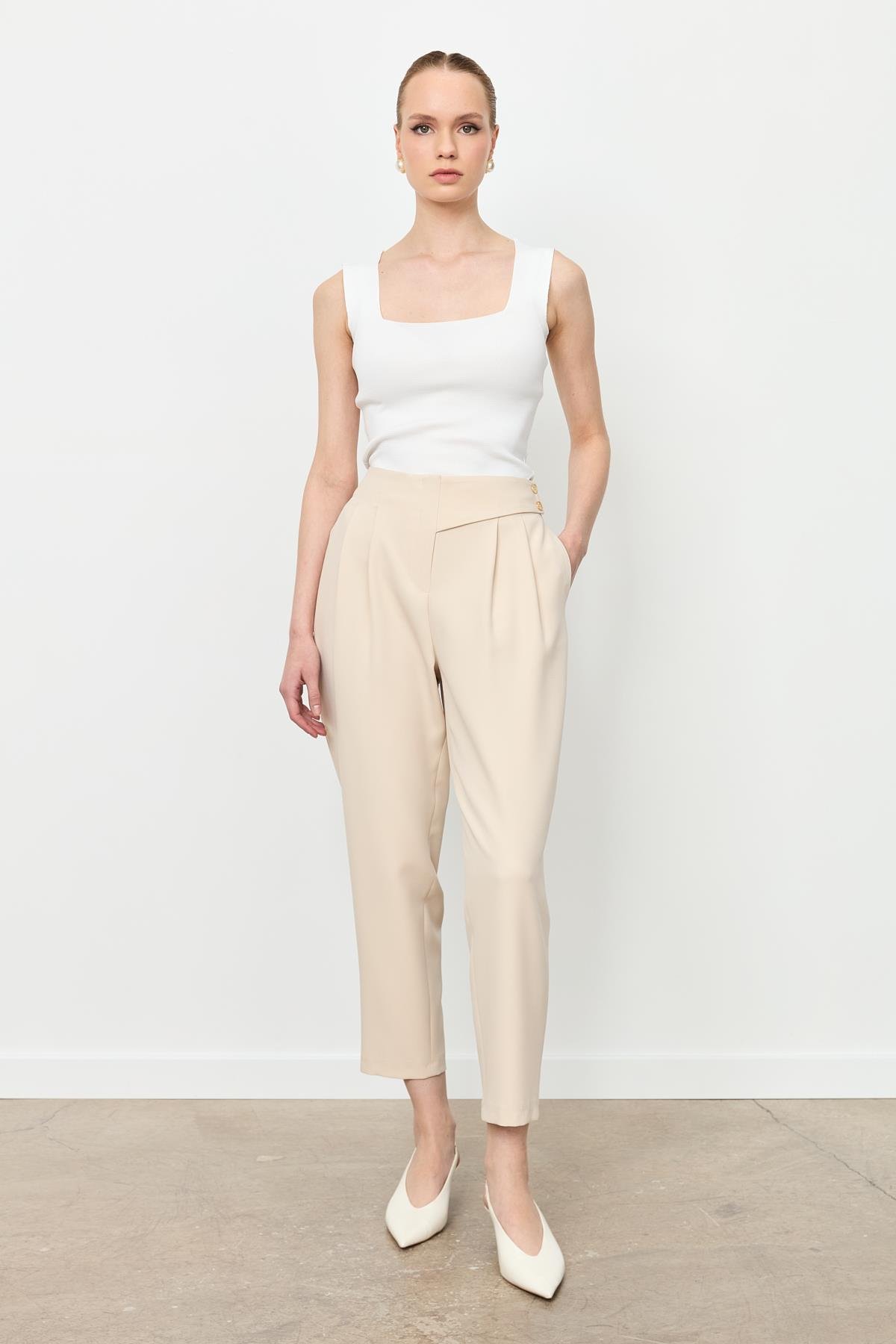 Düğme Deatylı Yüksek Bel Pantolon-TAŞ