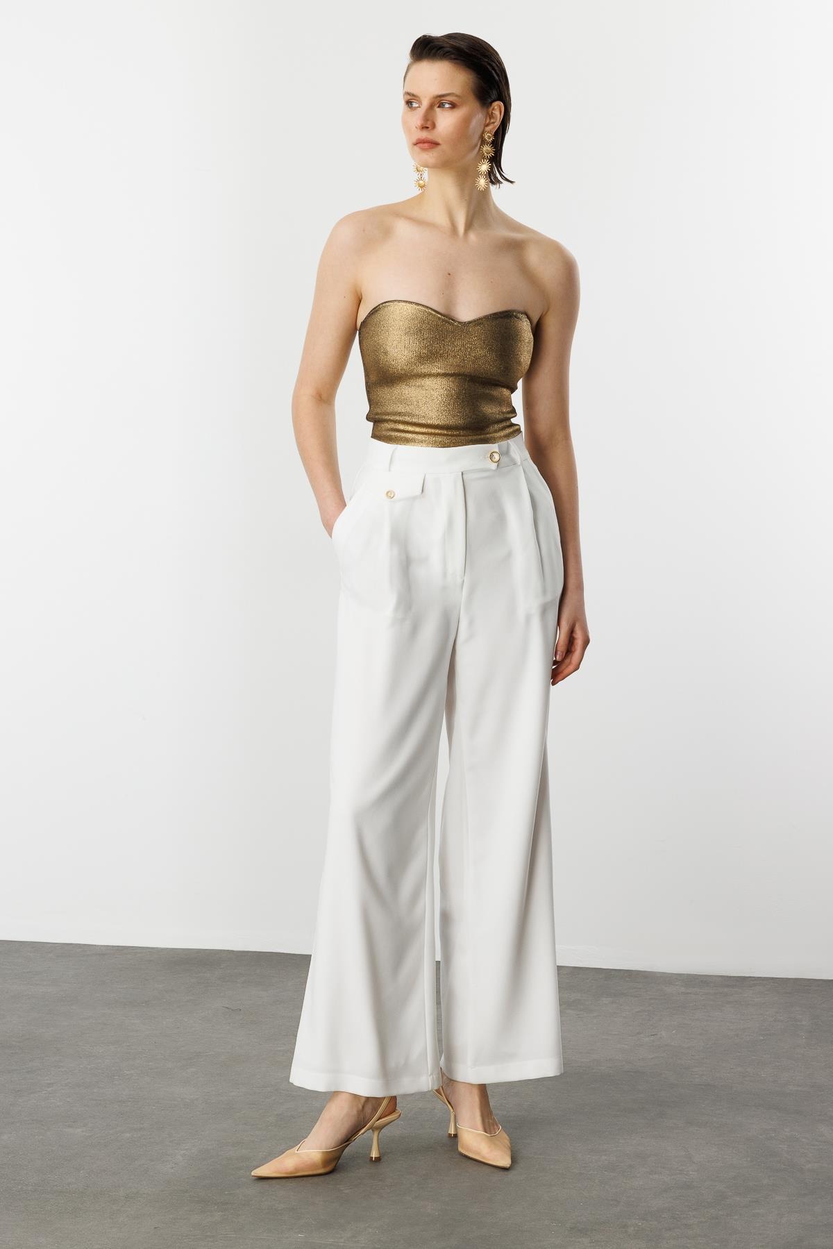 Düğme Detay Bol Pantolon-KEMIK