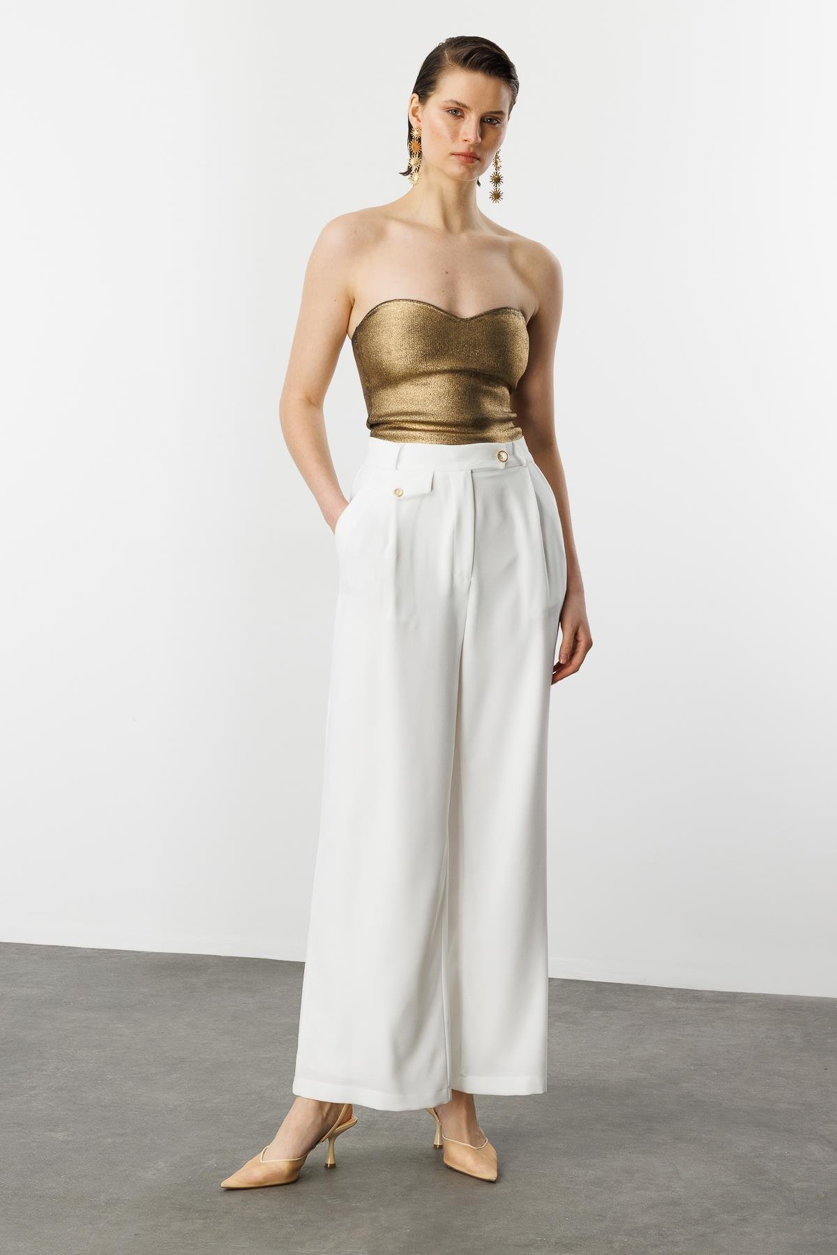 Düğme Detay Bol Pantolon-KEMIK