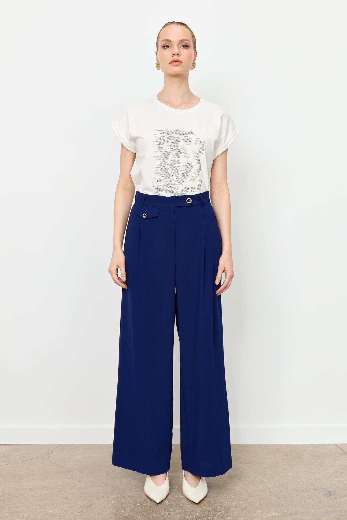 Düğme Detay Bol Pantolon-LACI