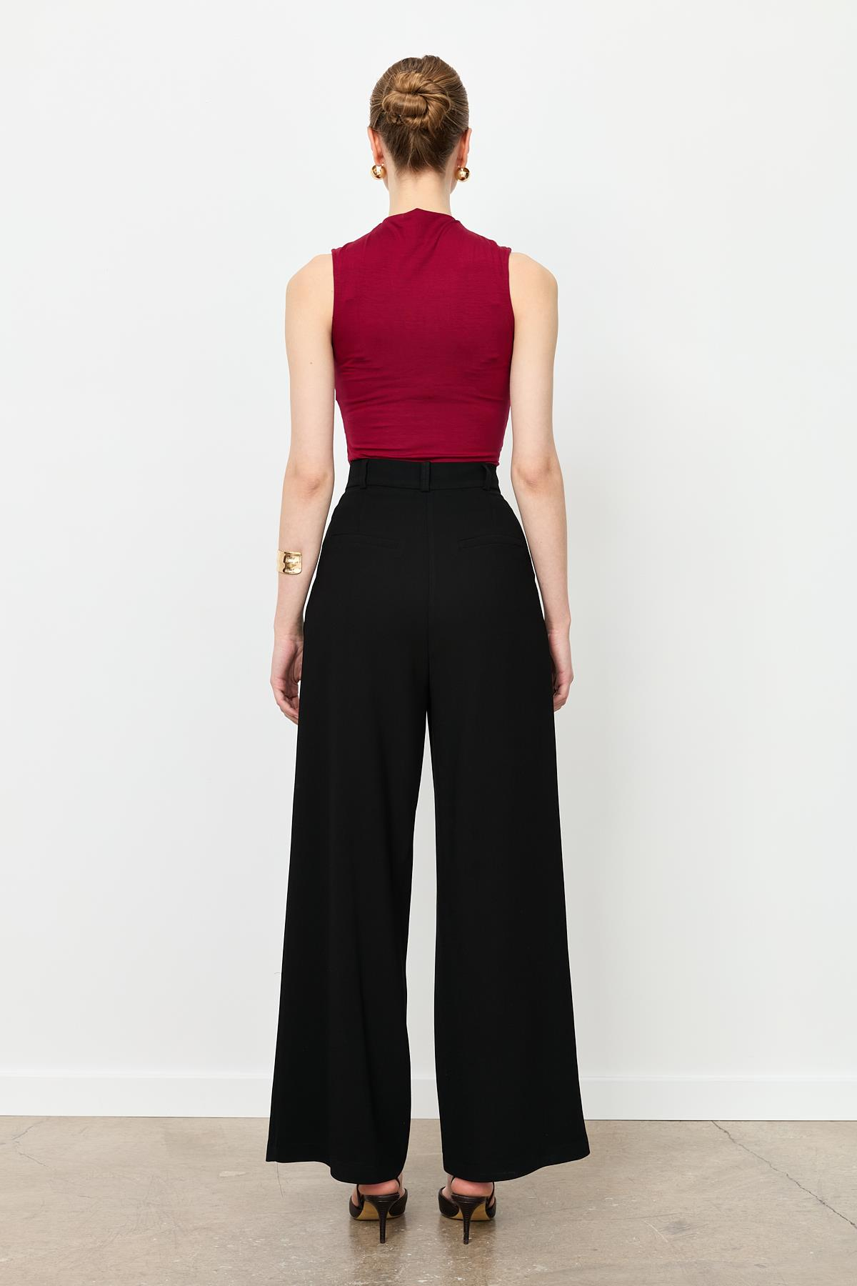 Düğme Detay Bol Pantolon-SİYAH