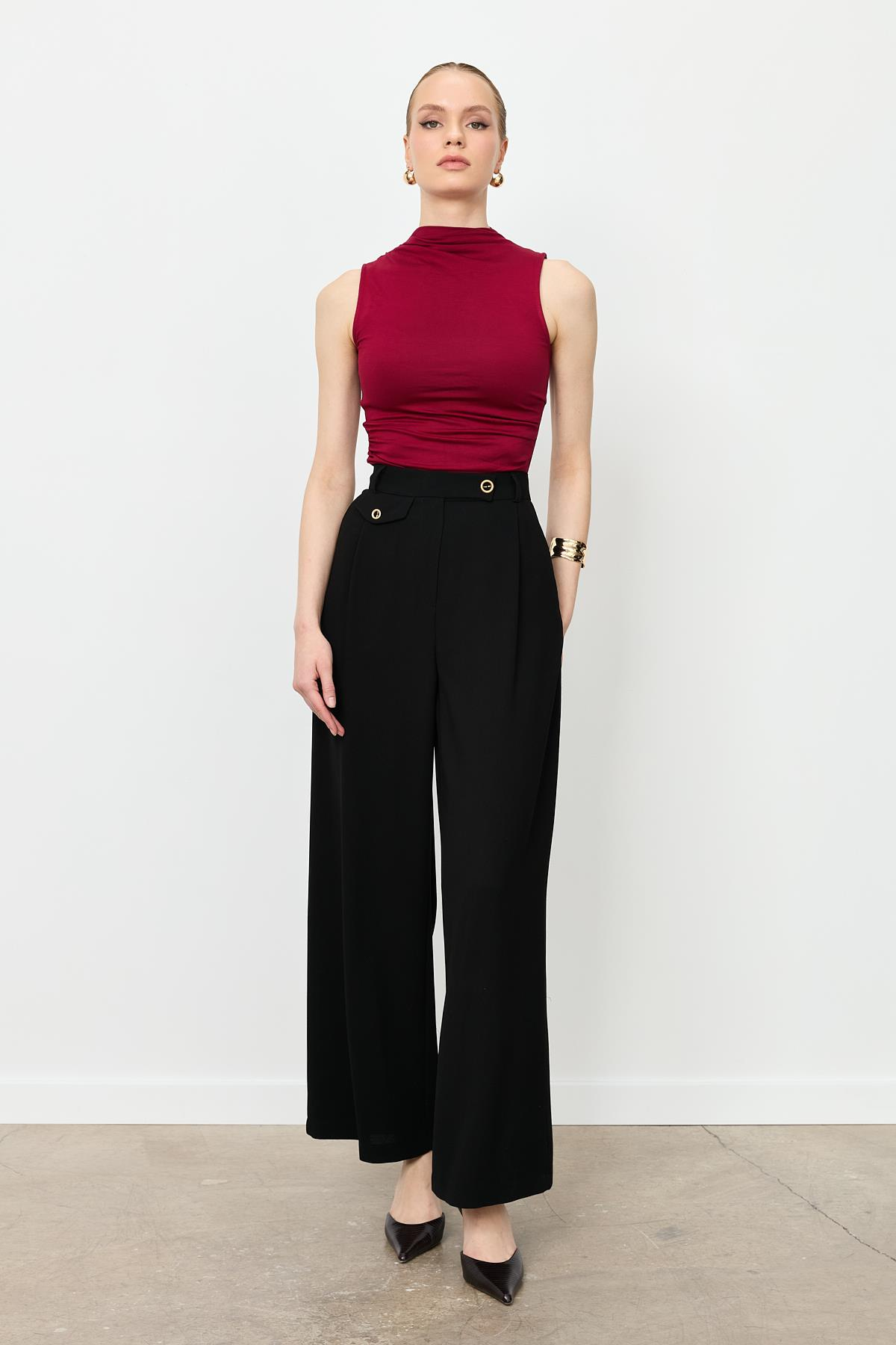 Düğme Detay Bol Pantolon-SİYAH