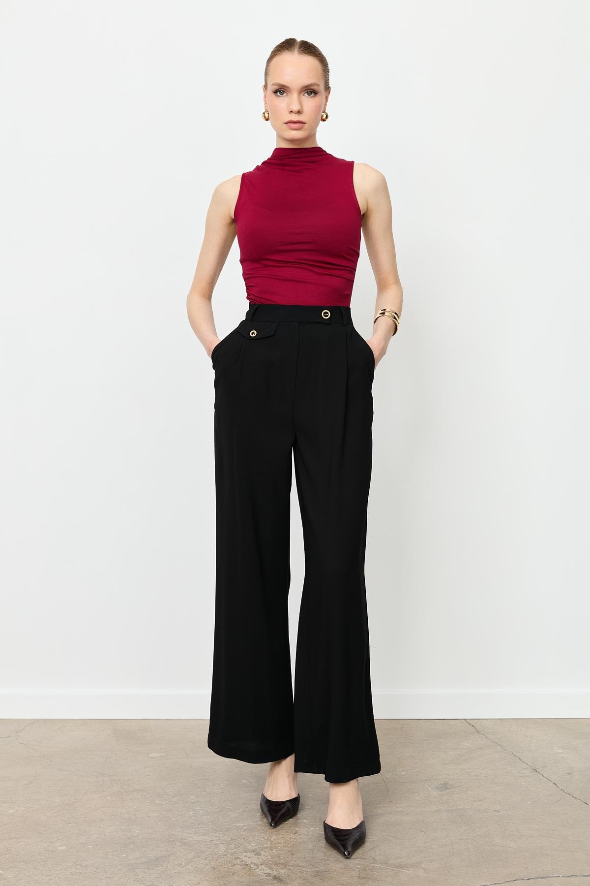 Düğme Detay Bol Pantolon-SİYAH