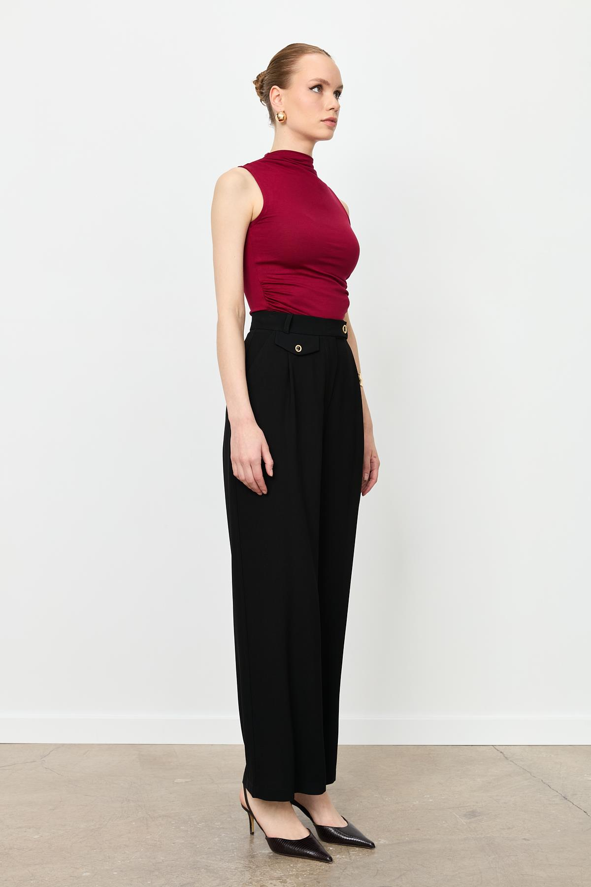 Düğme Detay Bol Pantolon-SİYAH